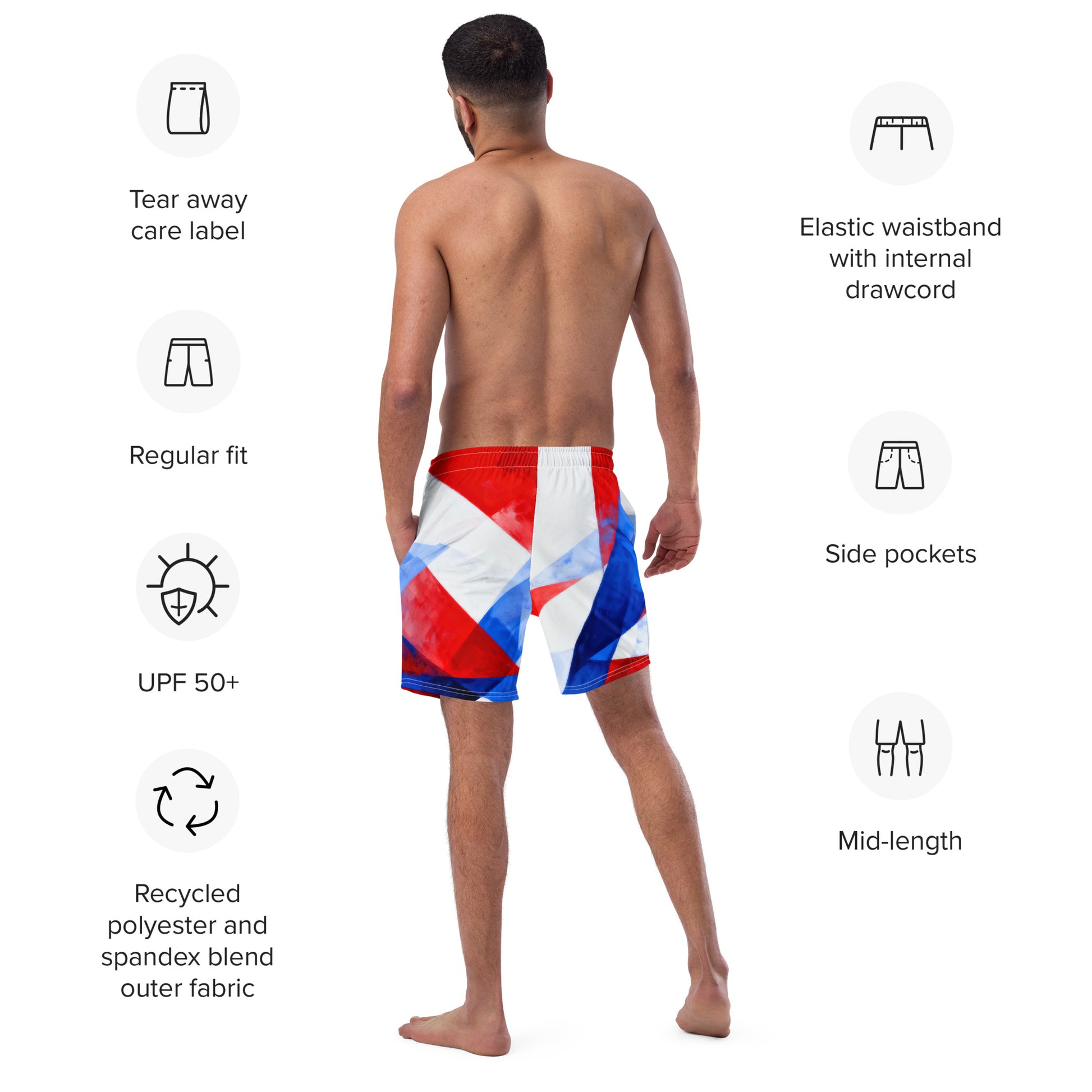 Men's swim trunks, back view with elastic waistband drawcord and mid-length cut.
