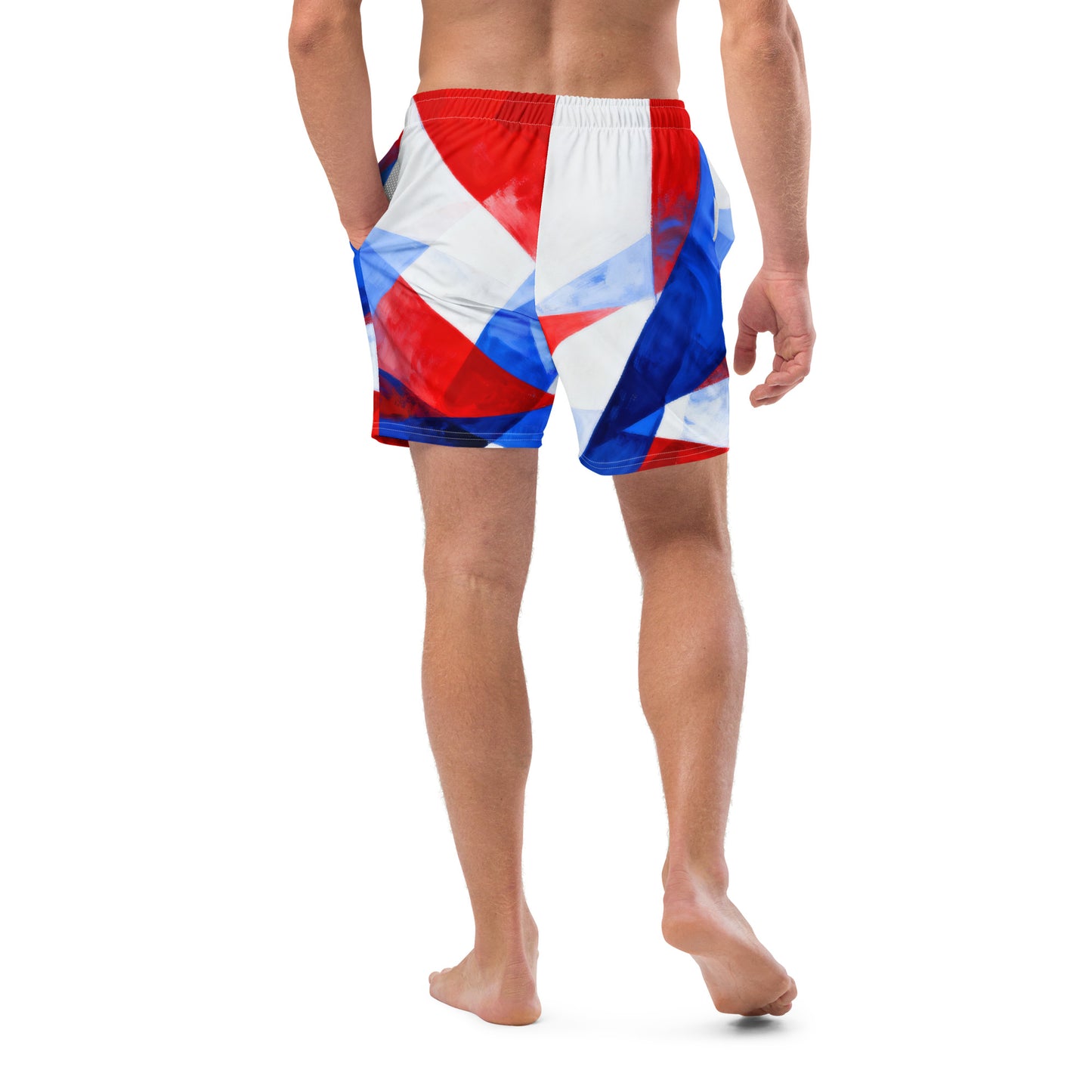 Men's swim trunks on model, mid-length shorts with red drawstring waistband.