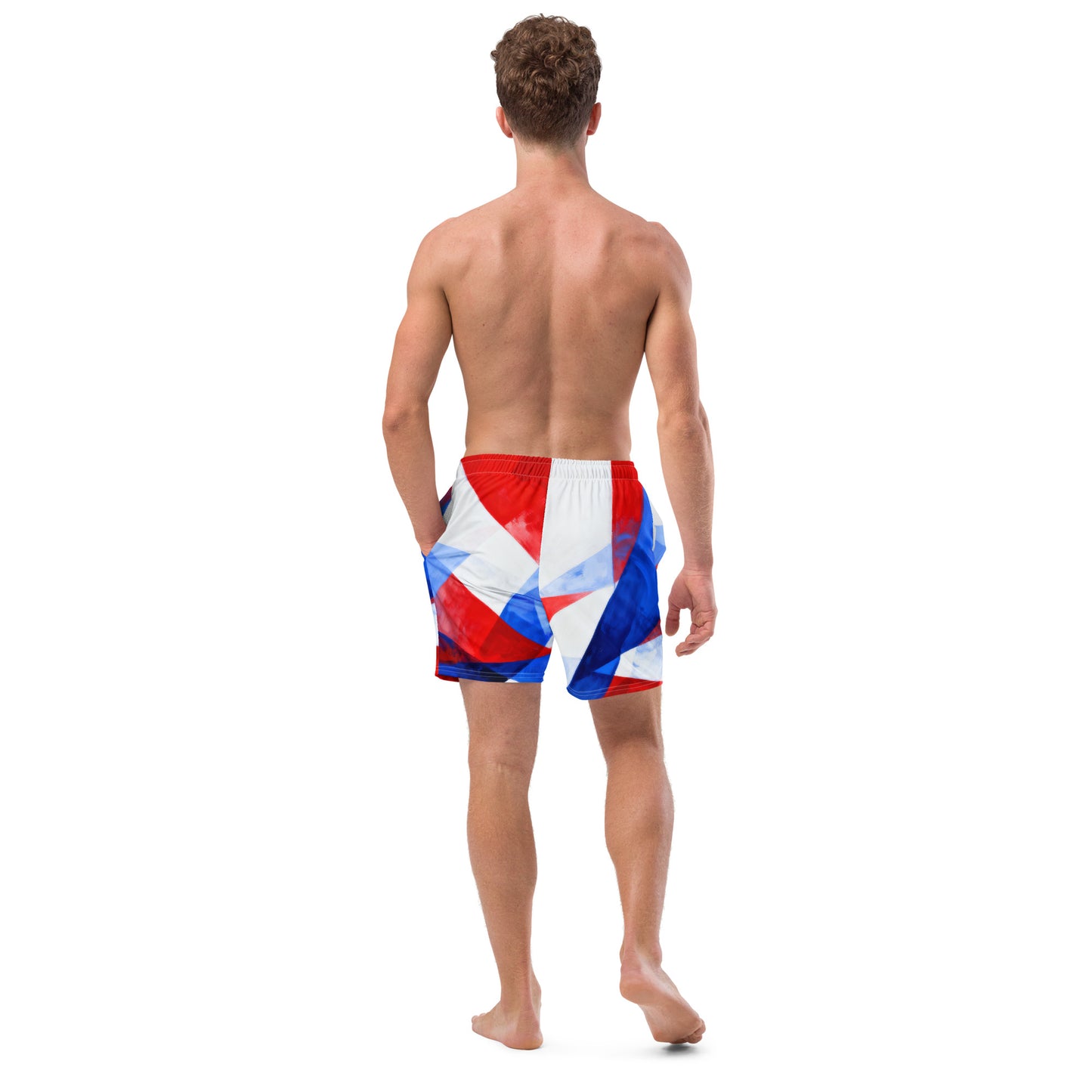 Men's swim trunks, back view in red, white, and blue geometric print.