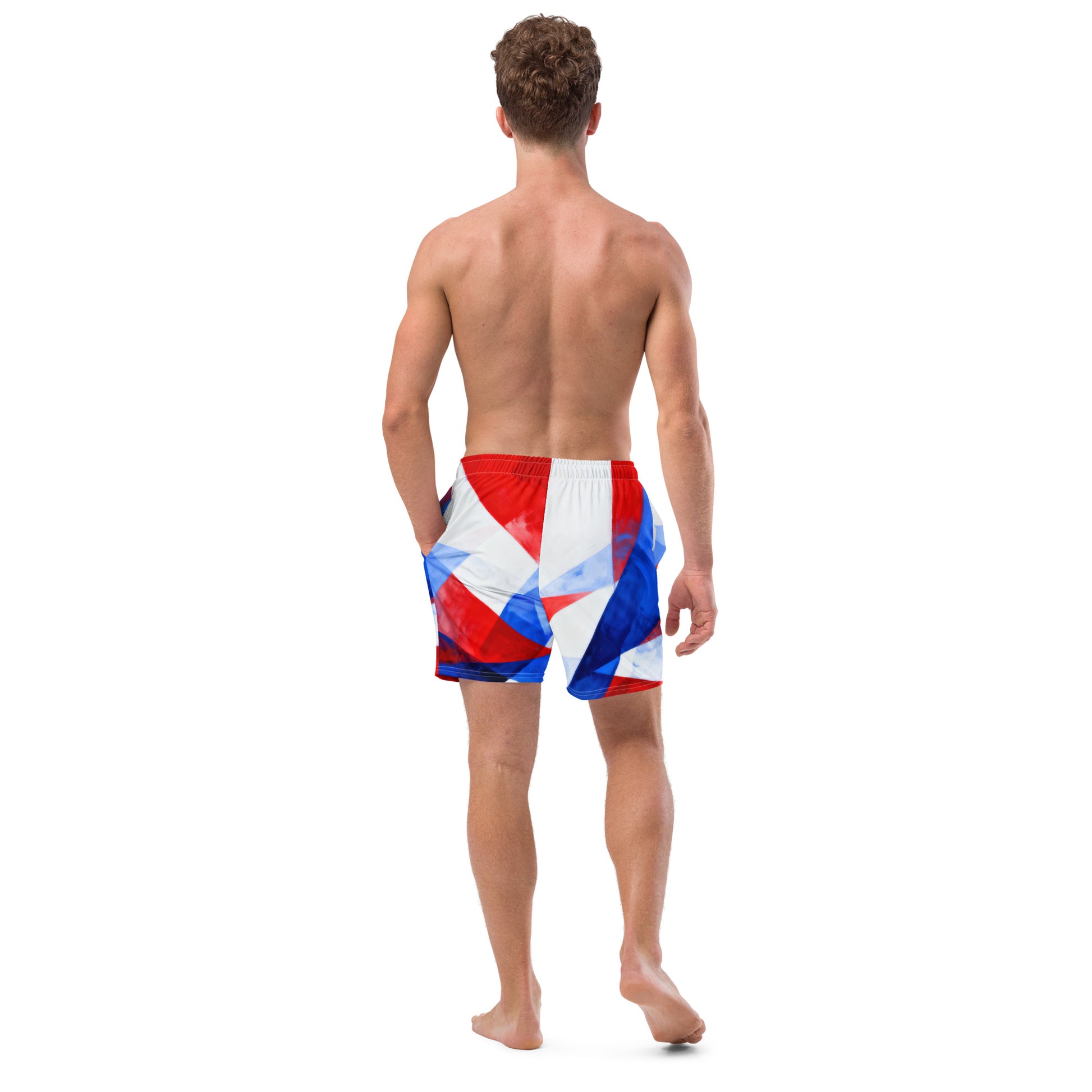 Men's swim trunks, back view in red, white, and blue geometric print.