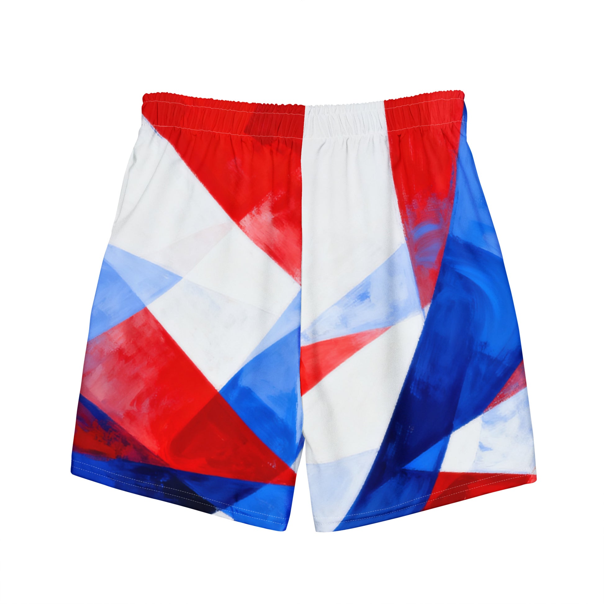 Men's swim trunks with red waistband and abstract flag pattern in blue, red, and white