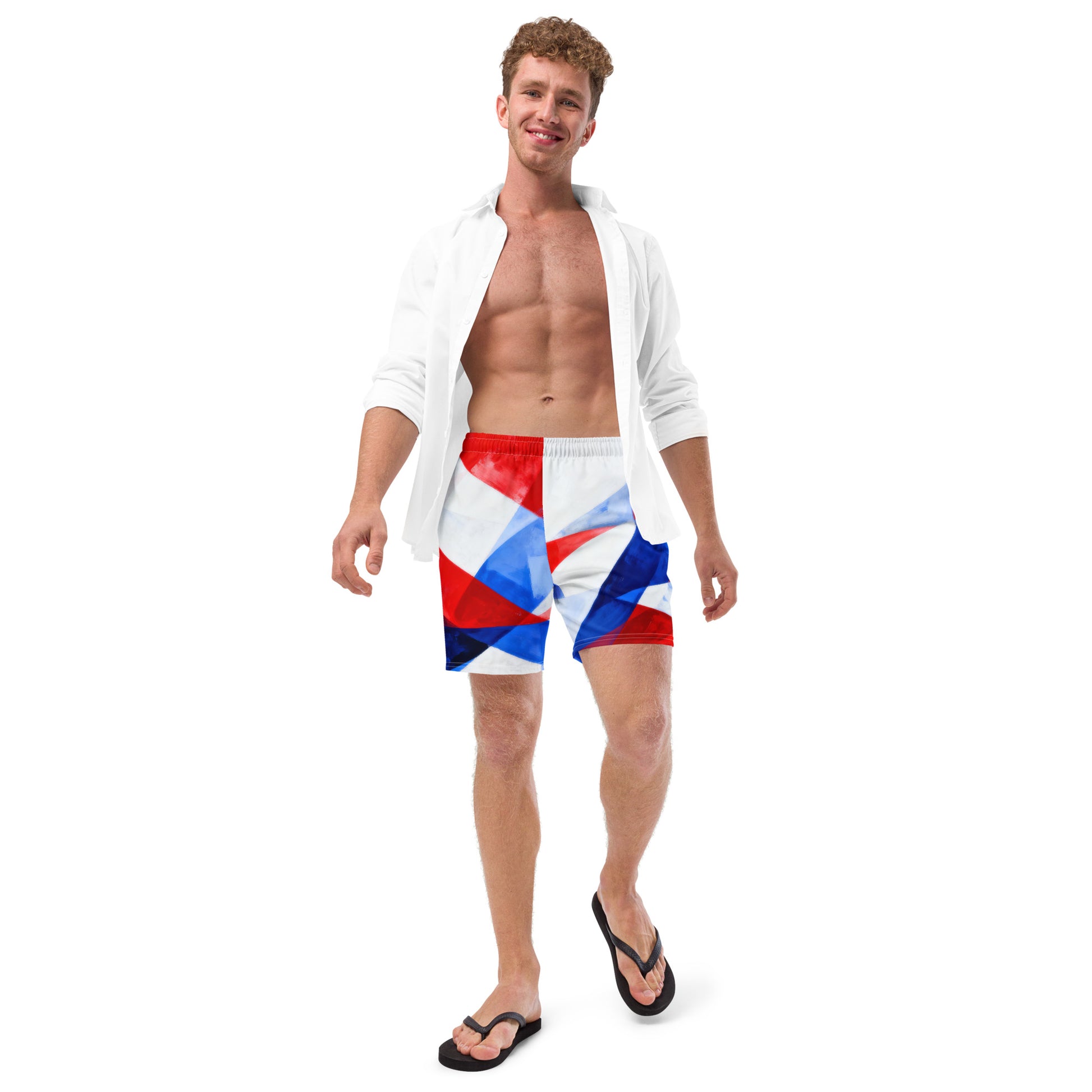 Men's swim trunks with red waistband and geometric flag print in white, blue, red