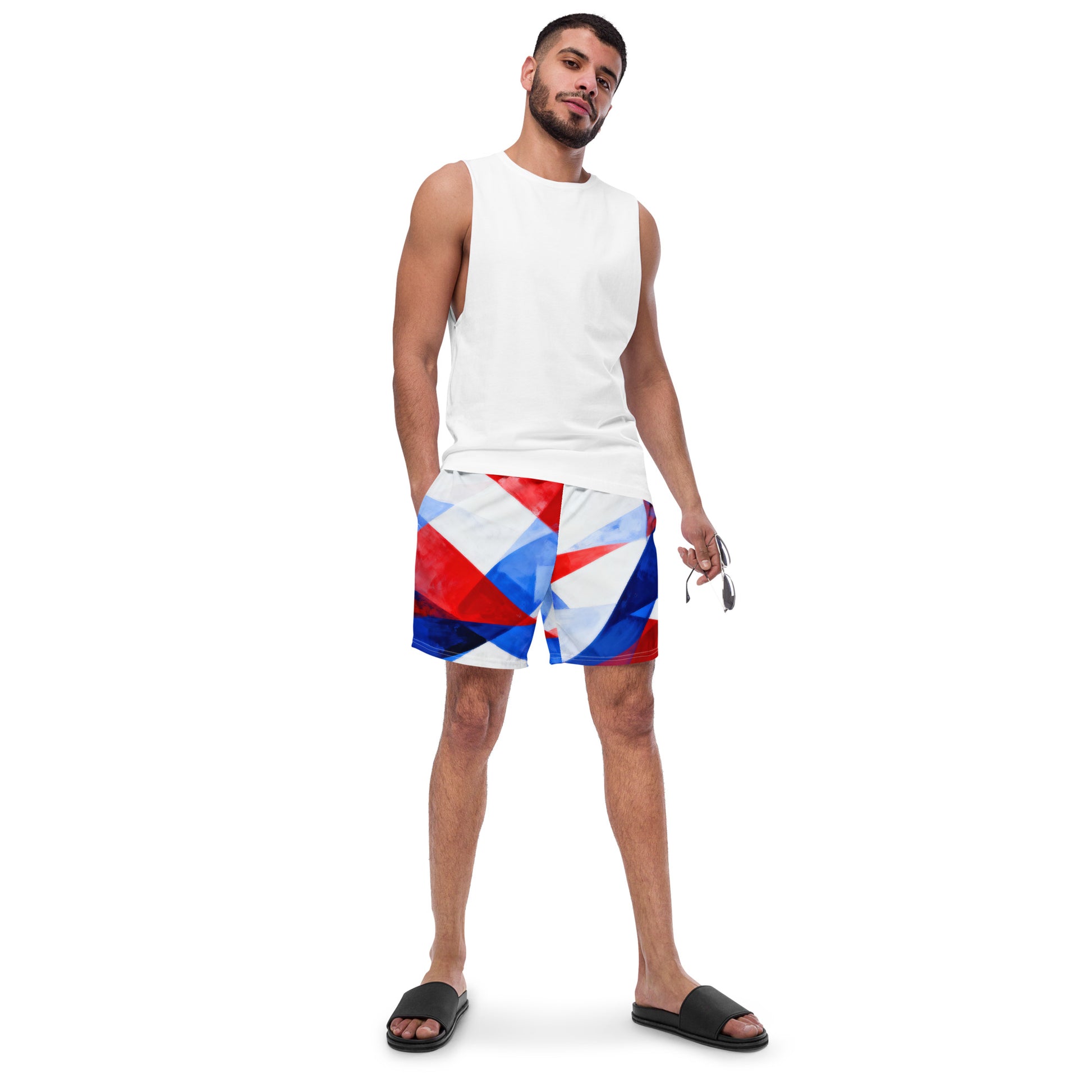 Men's swim trunks with white base and red-blue-red flag geometric print