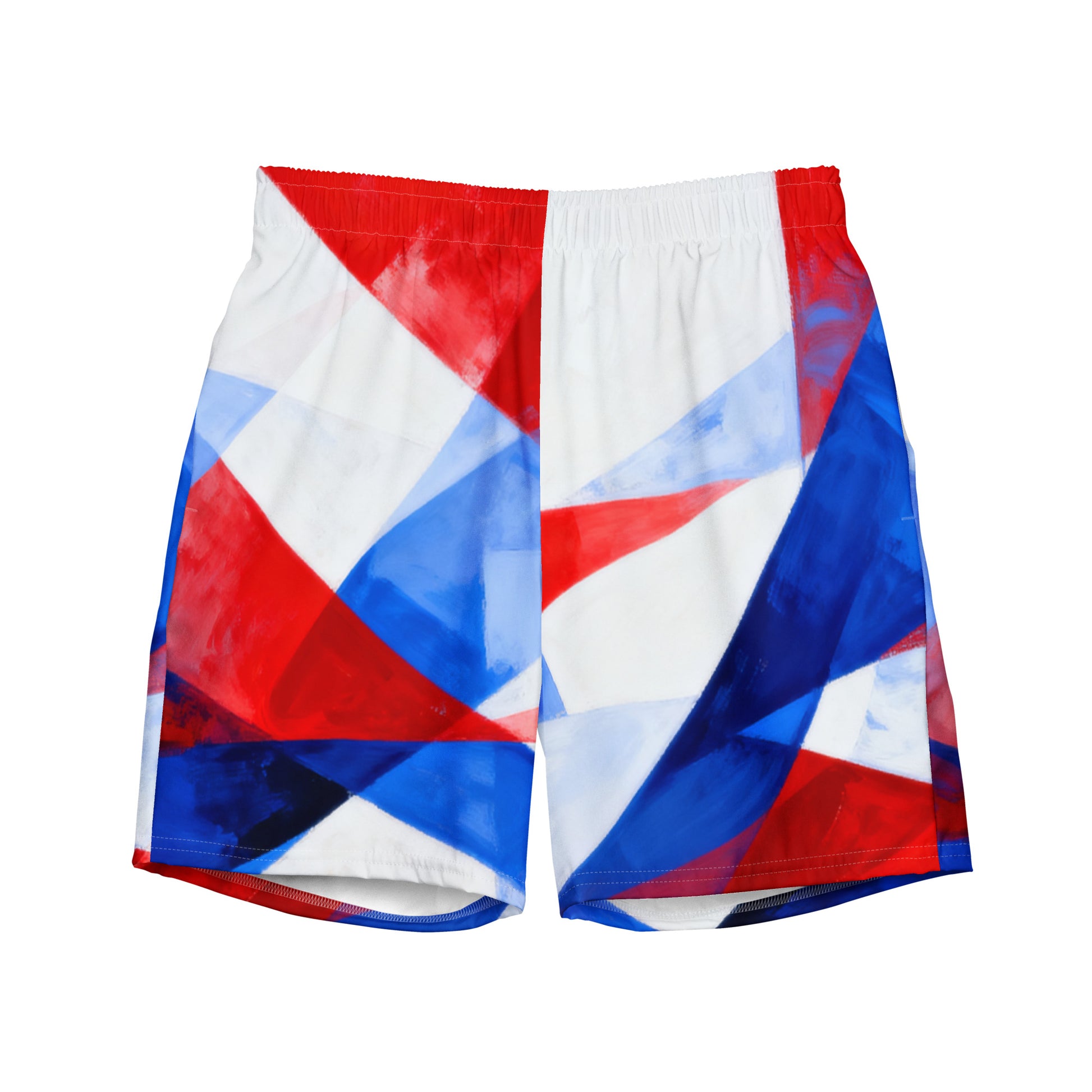 Men's swim trunks, red and blue geometric pattern with white panels.