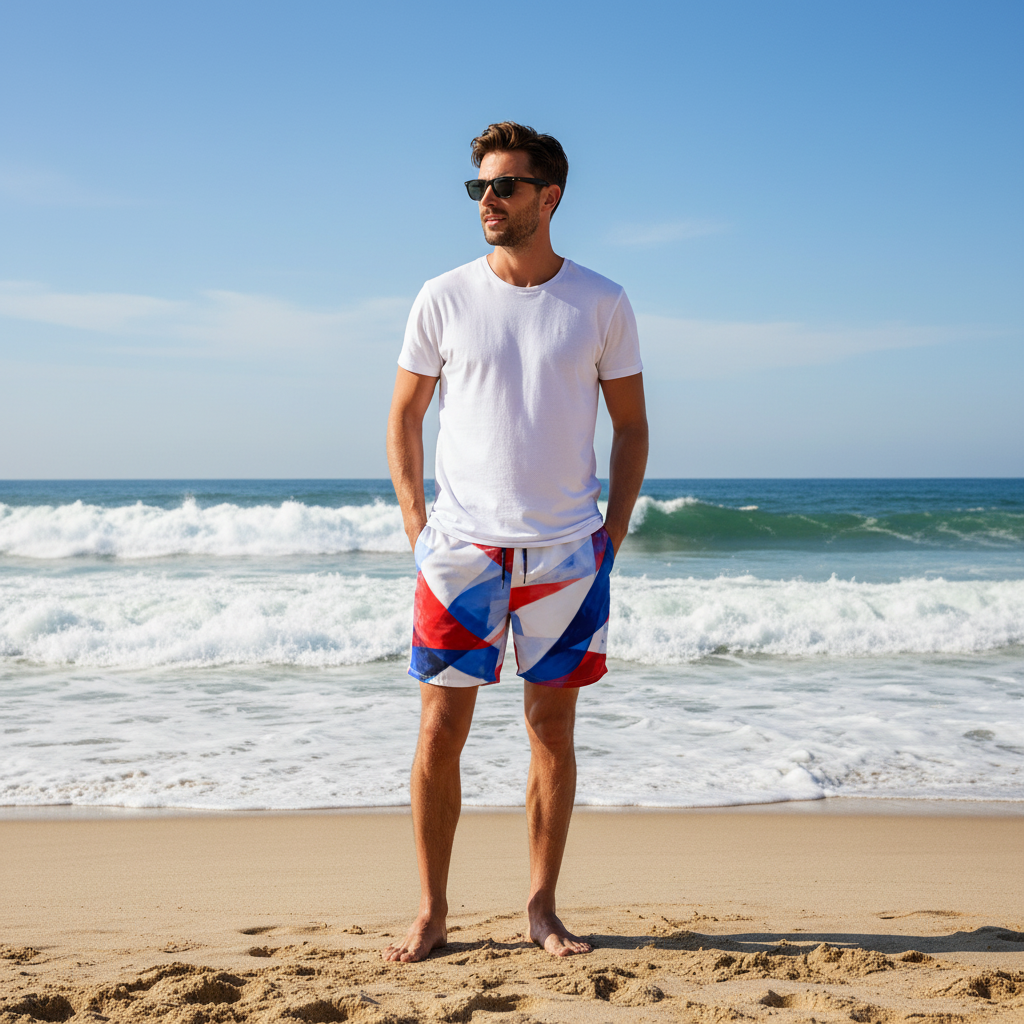 Men's swim trunks with red, white, blue geometric pattern, mid-length.