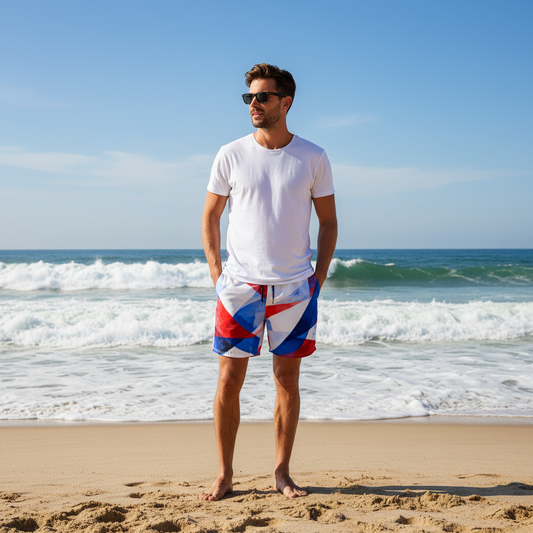 Men's mid-length swim trunks, red/white/blue geometric print, recycled polyester blend
