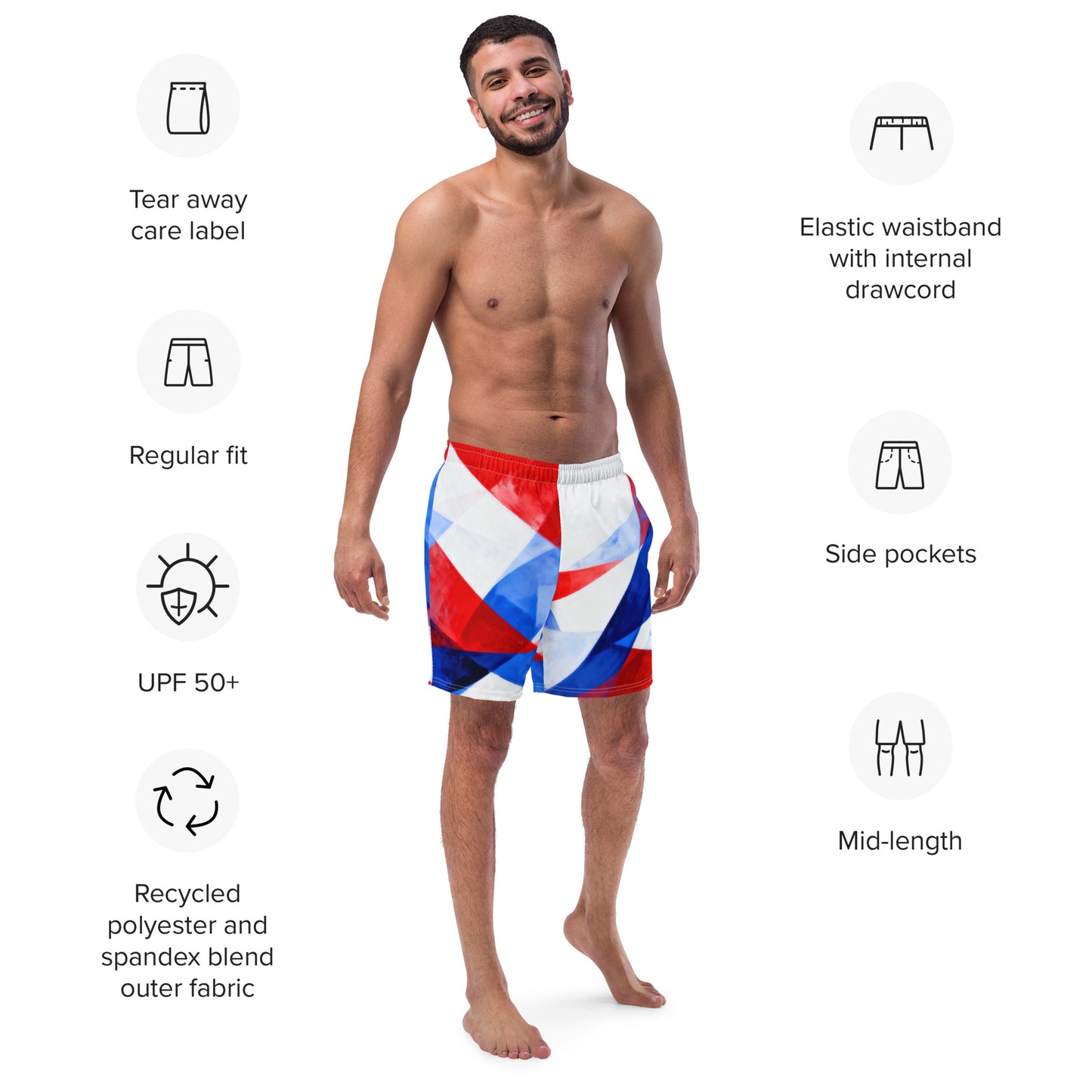 Men's swim trunks, front view with red-and-blue geometric pattern and side pockets.