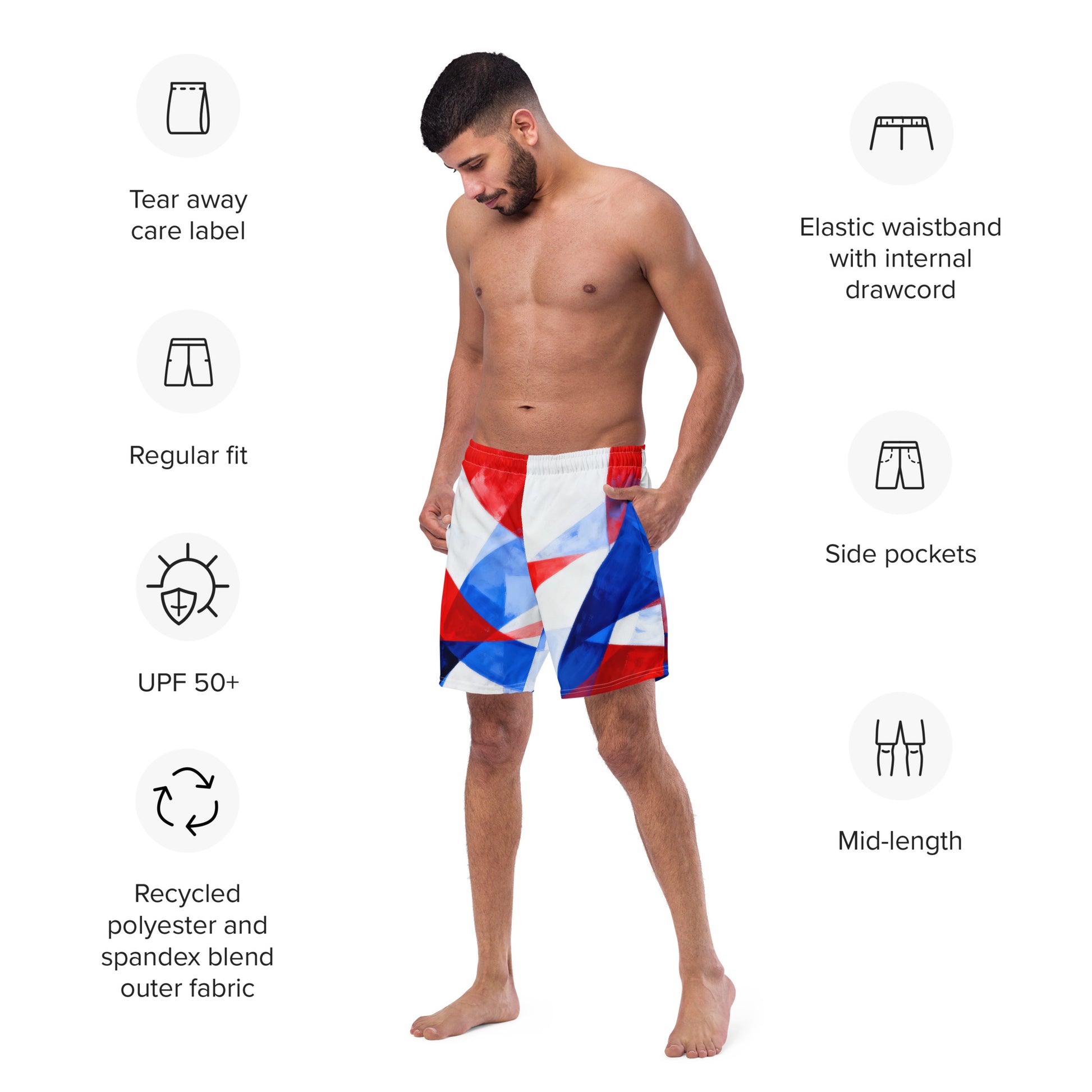 Men's swim trunks front view with elastic waistband drawcord and side pockets.