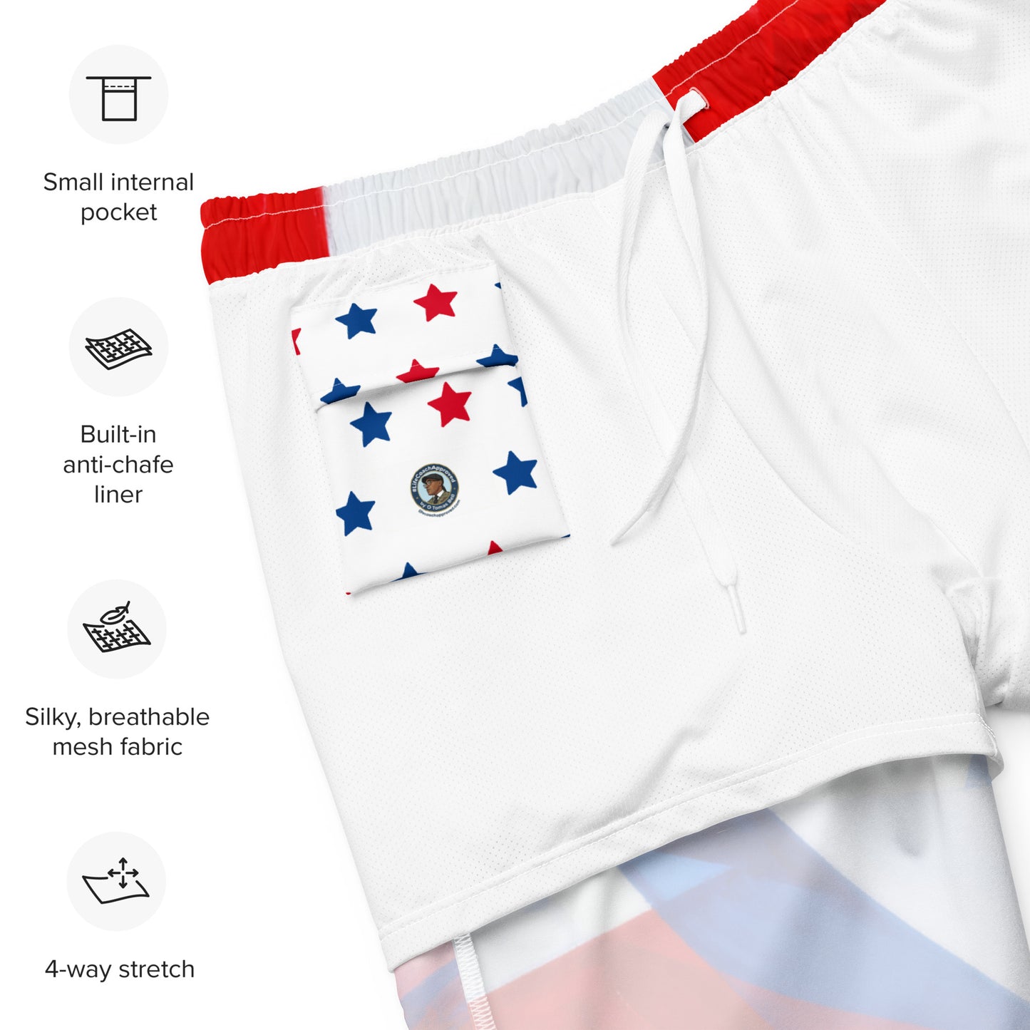 Men's swim trunks with red waistband, white fabric, and stars-and-stripes flag print