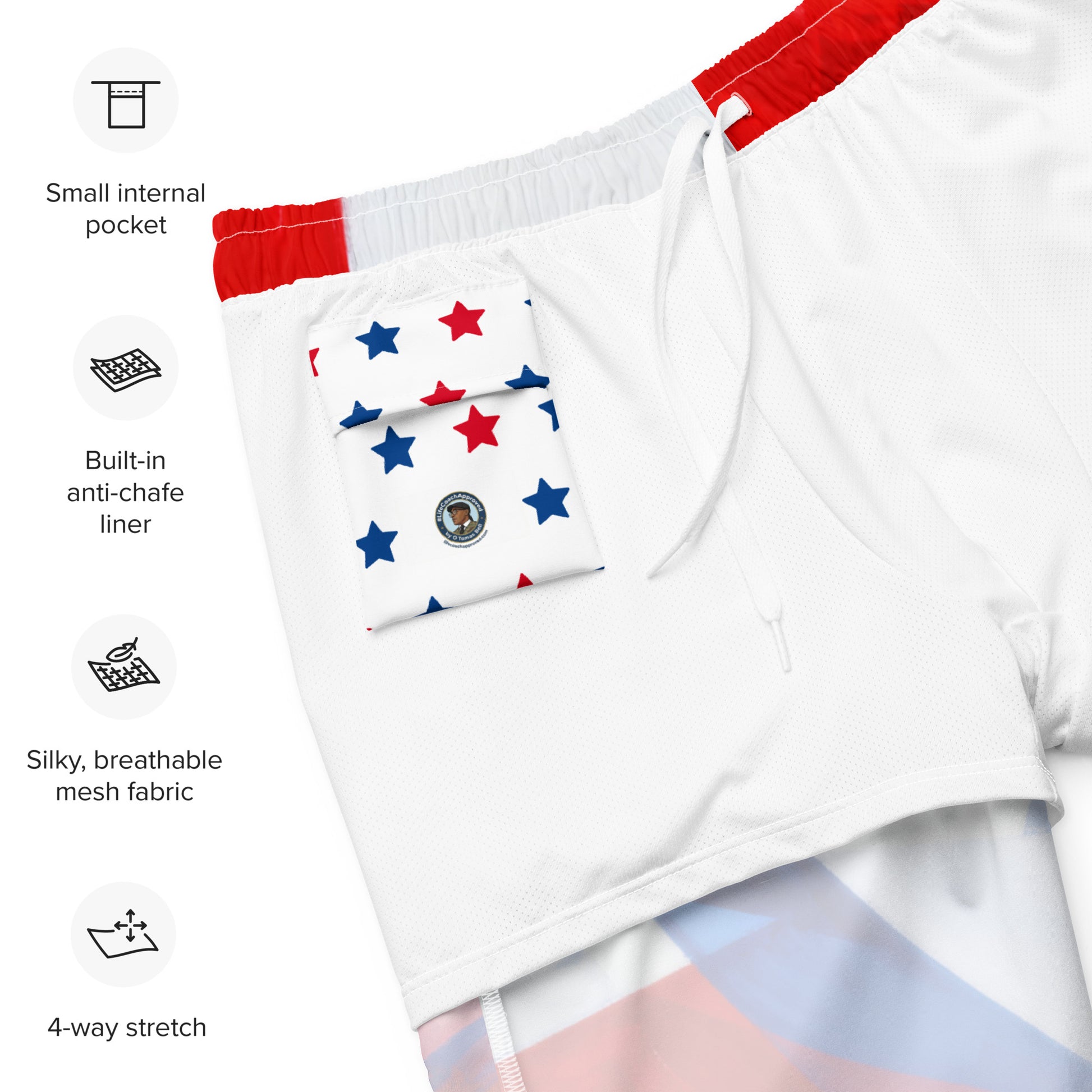 Men's swim trunks with red waistband, white fabric, and stars-and-stripes flag print