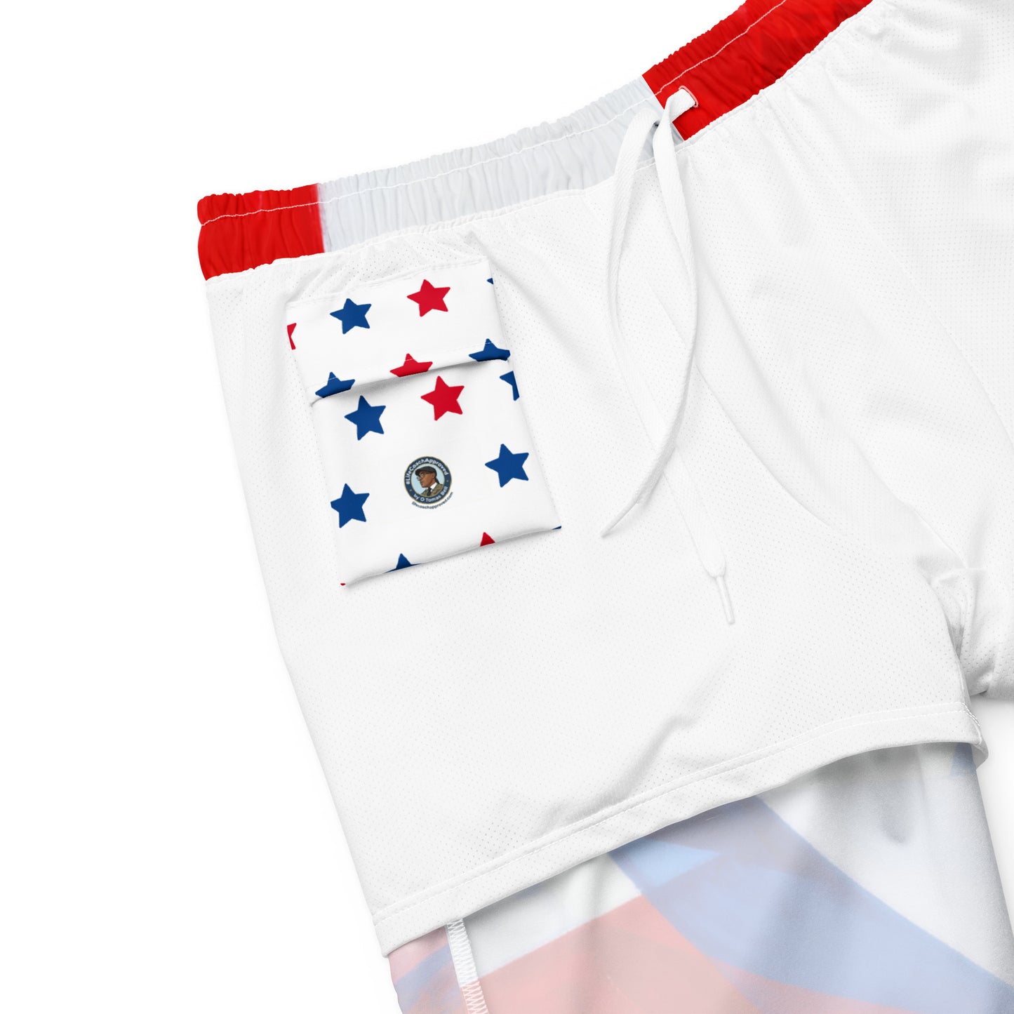 Men's swim trunks with red drawstring waistband and white, blue, red flag pattern