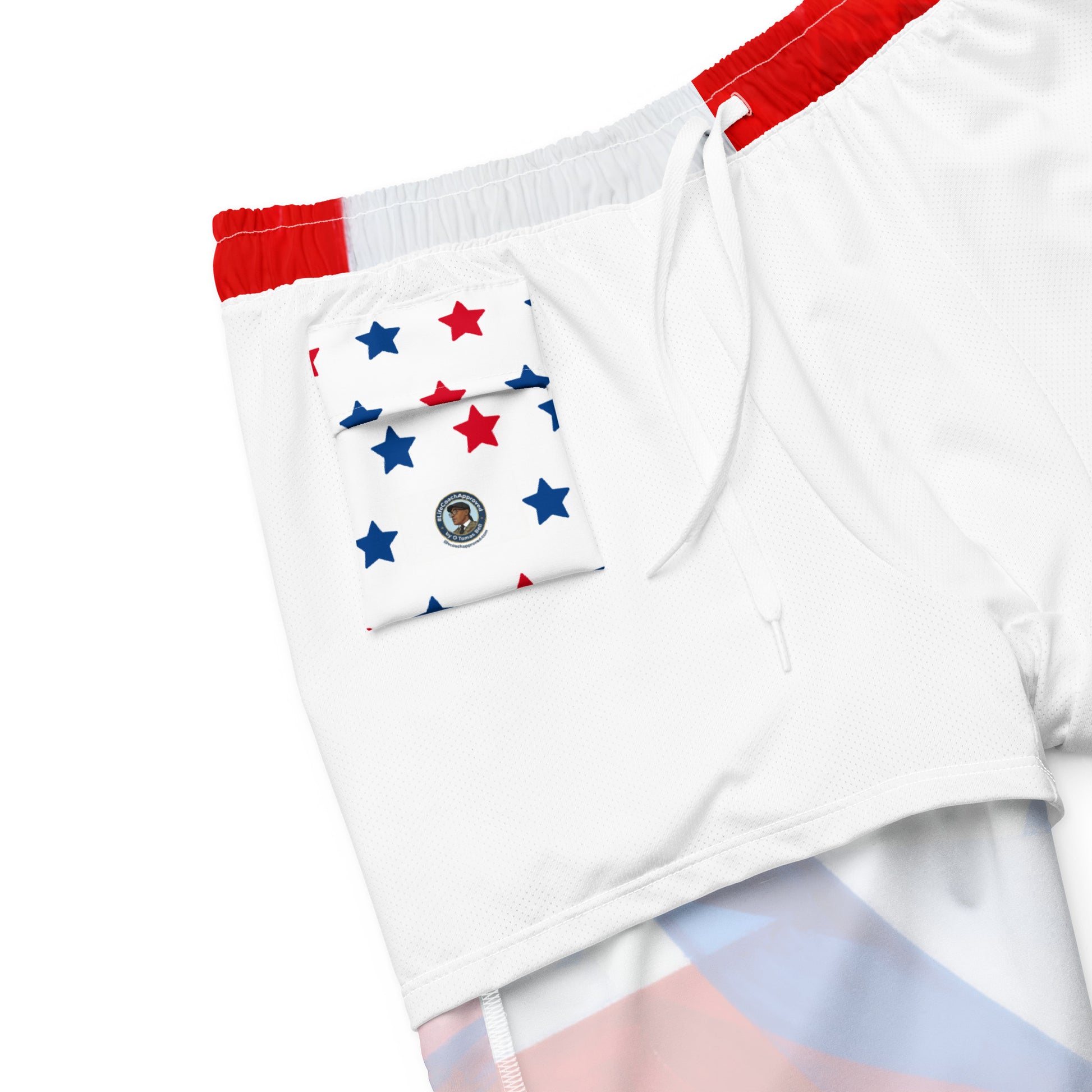 Men's swim trunks with red drawstring waistband and white, blue, red flag pattern