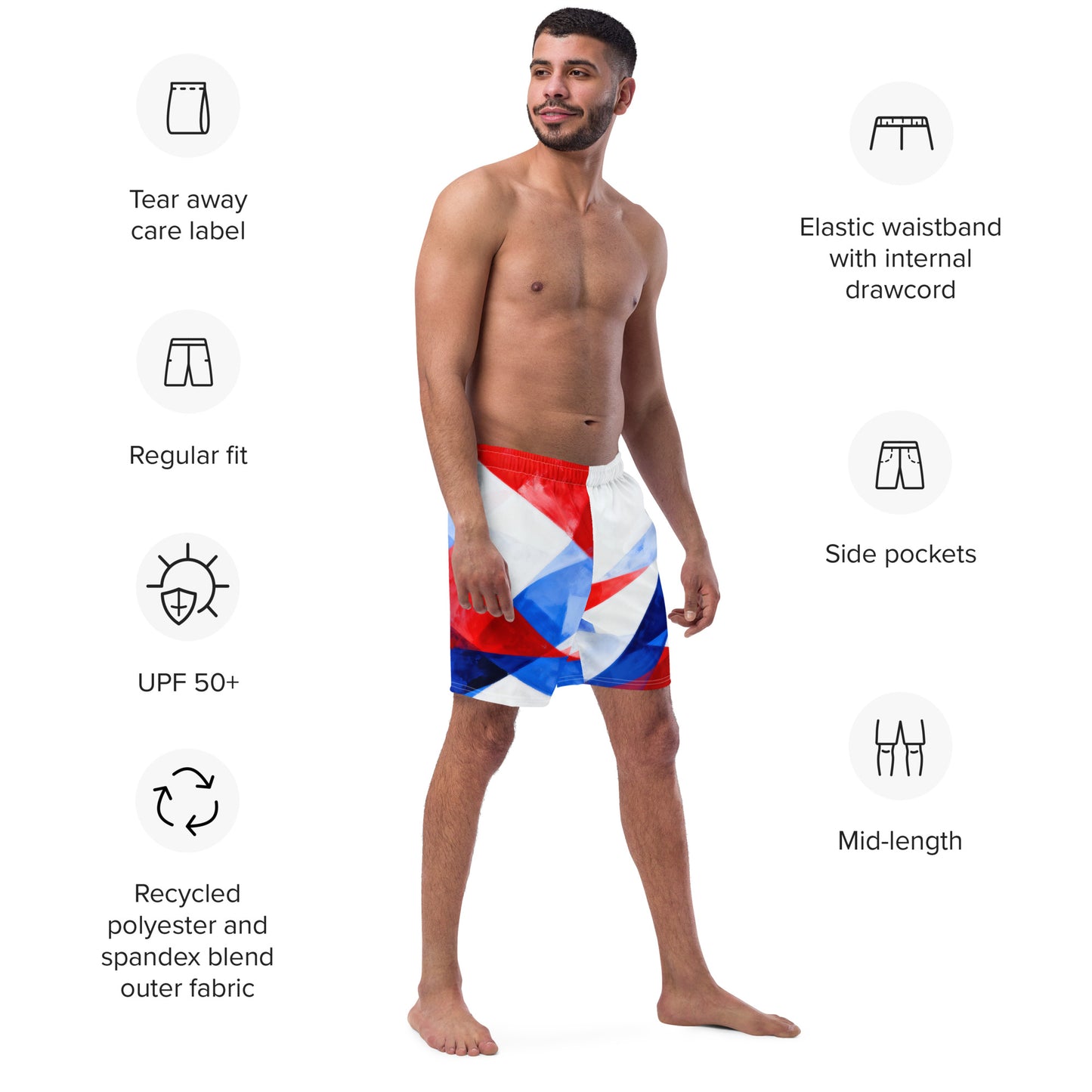 Men's swim trunks on model, elastic waistband with internal drawcord, mid-length.