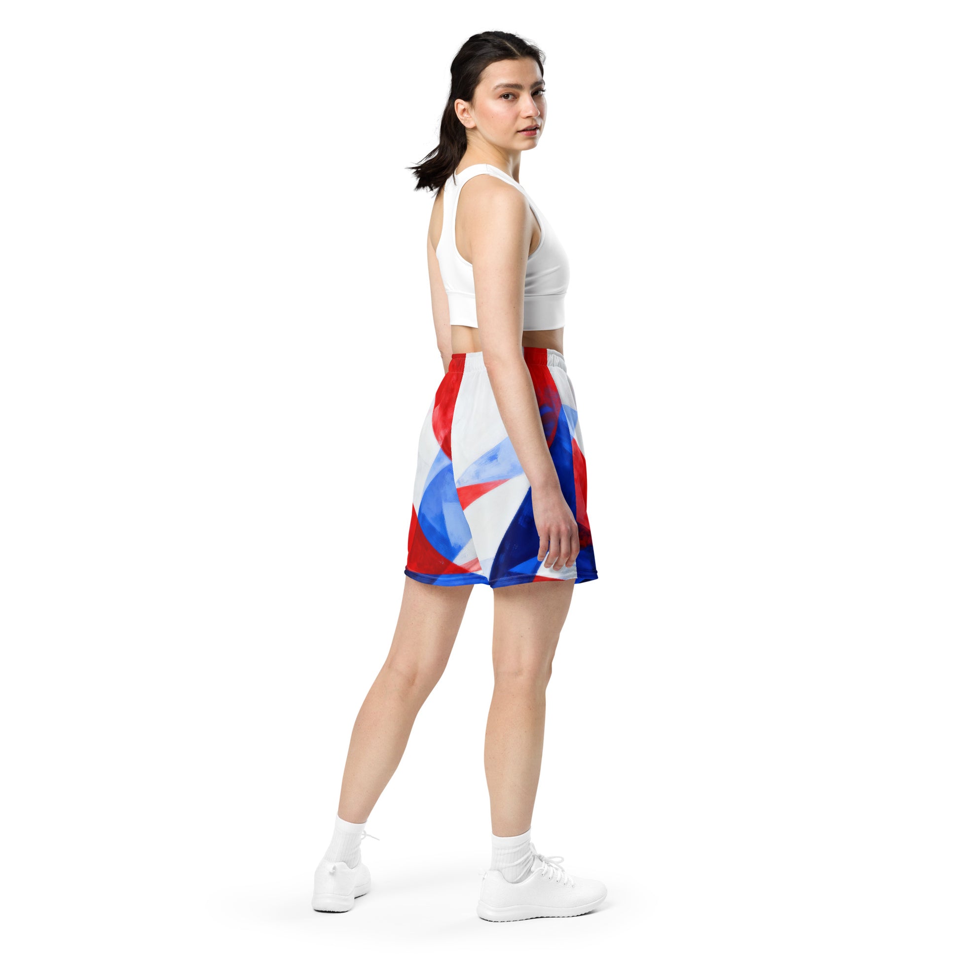 Unisex mesh shorts in red, white, and blue abstract flag print, above-knee length