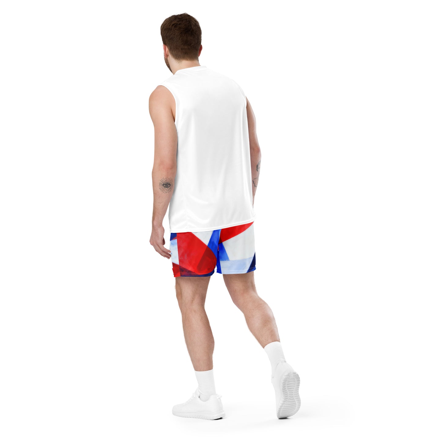 Unisex mesh shorts back view with red, white, and blue flag-style pattern and elastic waist