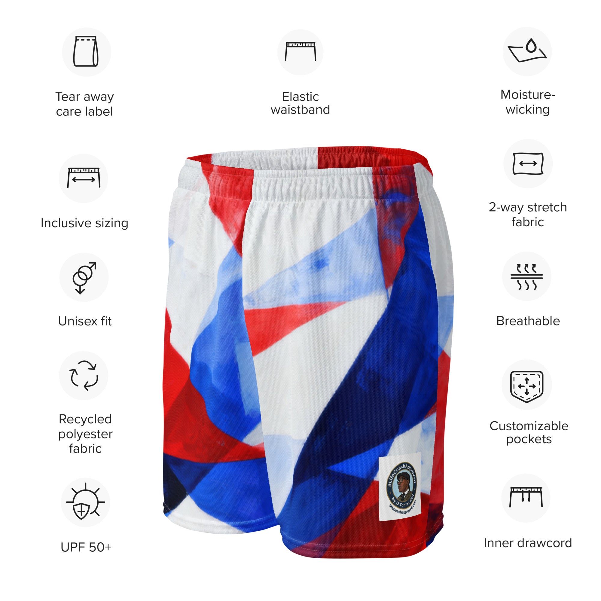Mesh athletic shorts in white with red and blue geometric pattern; inner drawcord