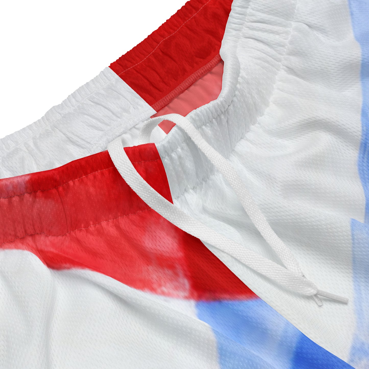 Unisex mesh shorts close-up: red and blue flag pattern with white inner drawcord