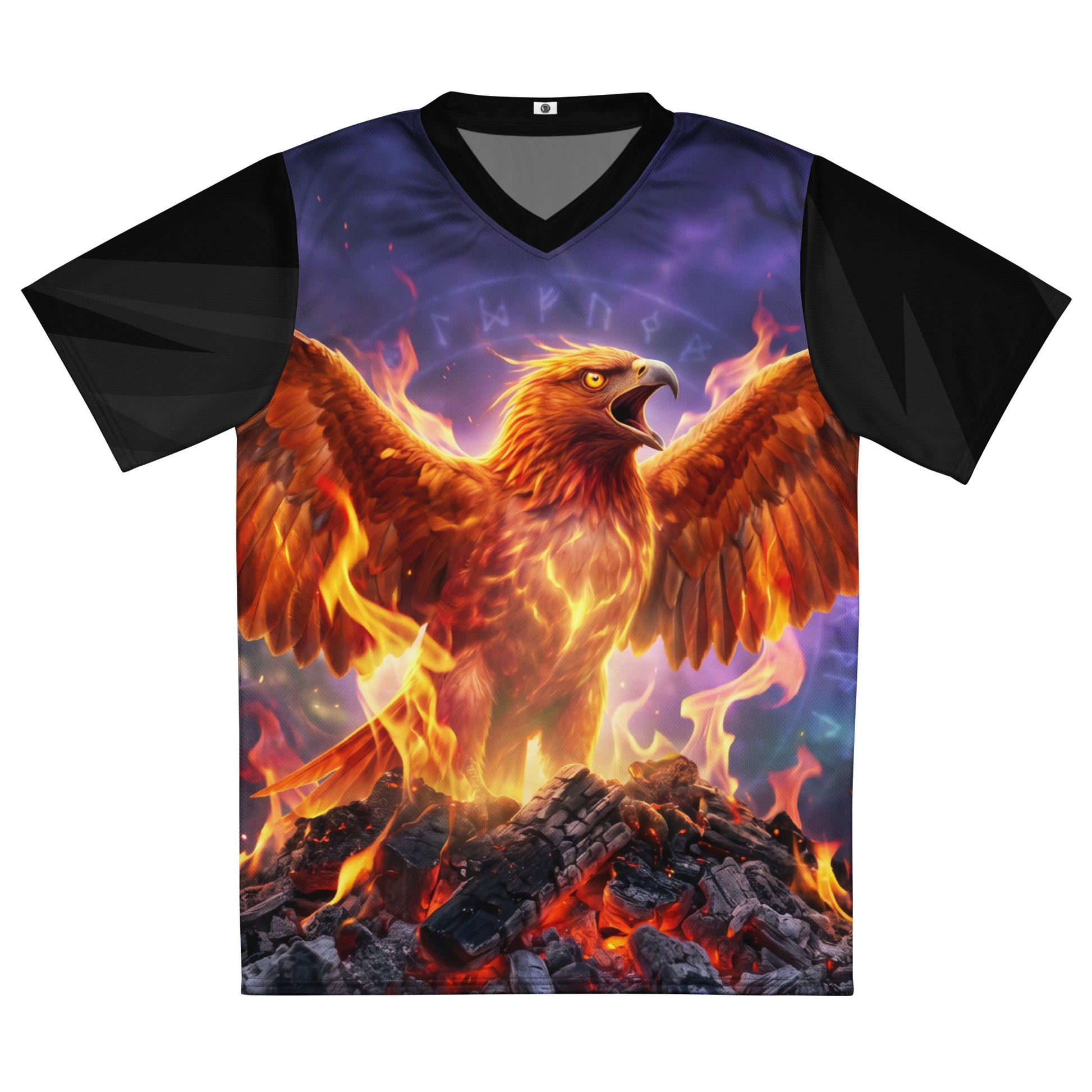 Unisex sports jersey with purple-orange phoenix and flames graphic, black side panels