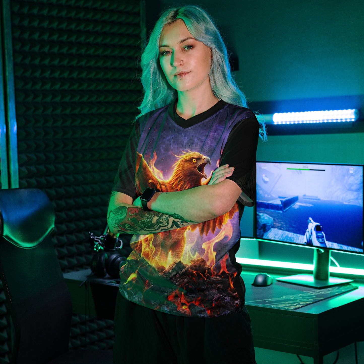 Unisex sports jersey with phoenix flame graphic and black-trim V-neck