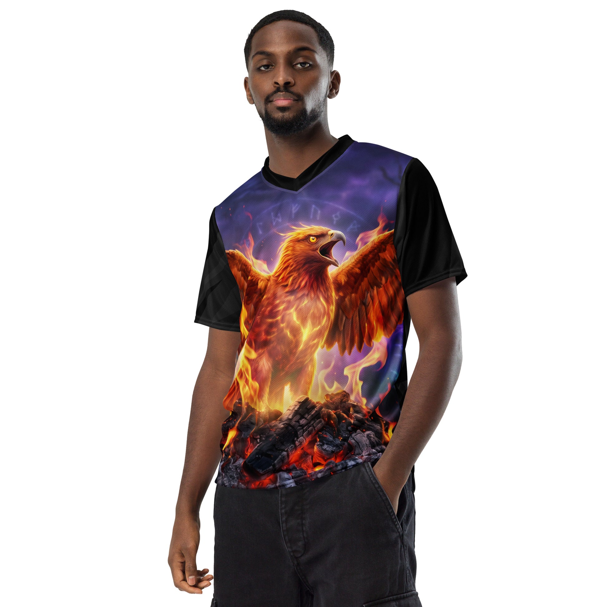 Unisex sports jersey with phoenix and flames print on purple center, black sleeves