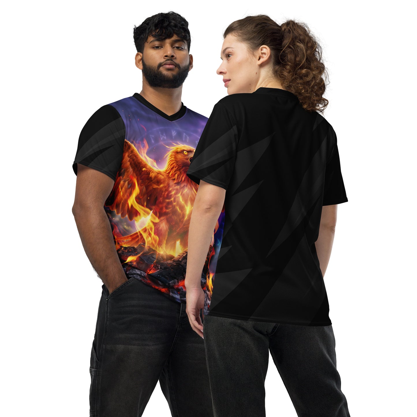 Unisex sports jersey with black V-neck and phoenix flame graphic front