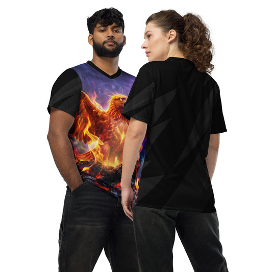 Unisex sports jersey with V-neck; eagle front graphic and solid black back.