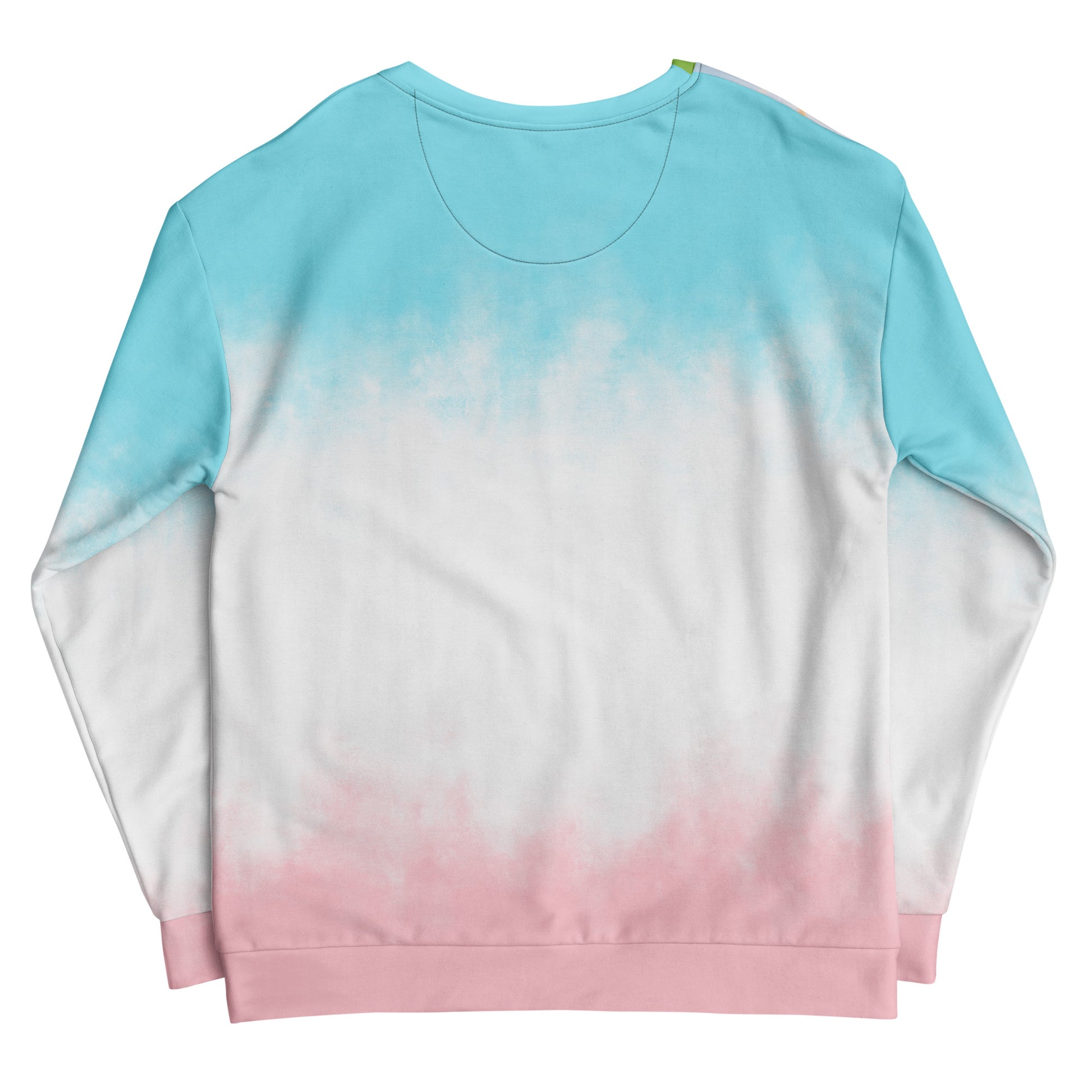 Unisex sweatshirt back view in light blue tie-dye with pink bottom hem