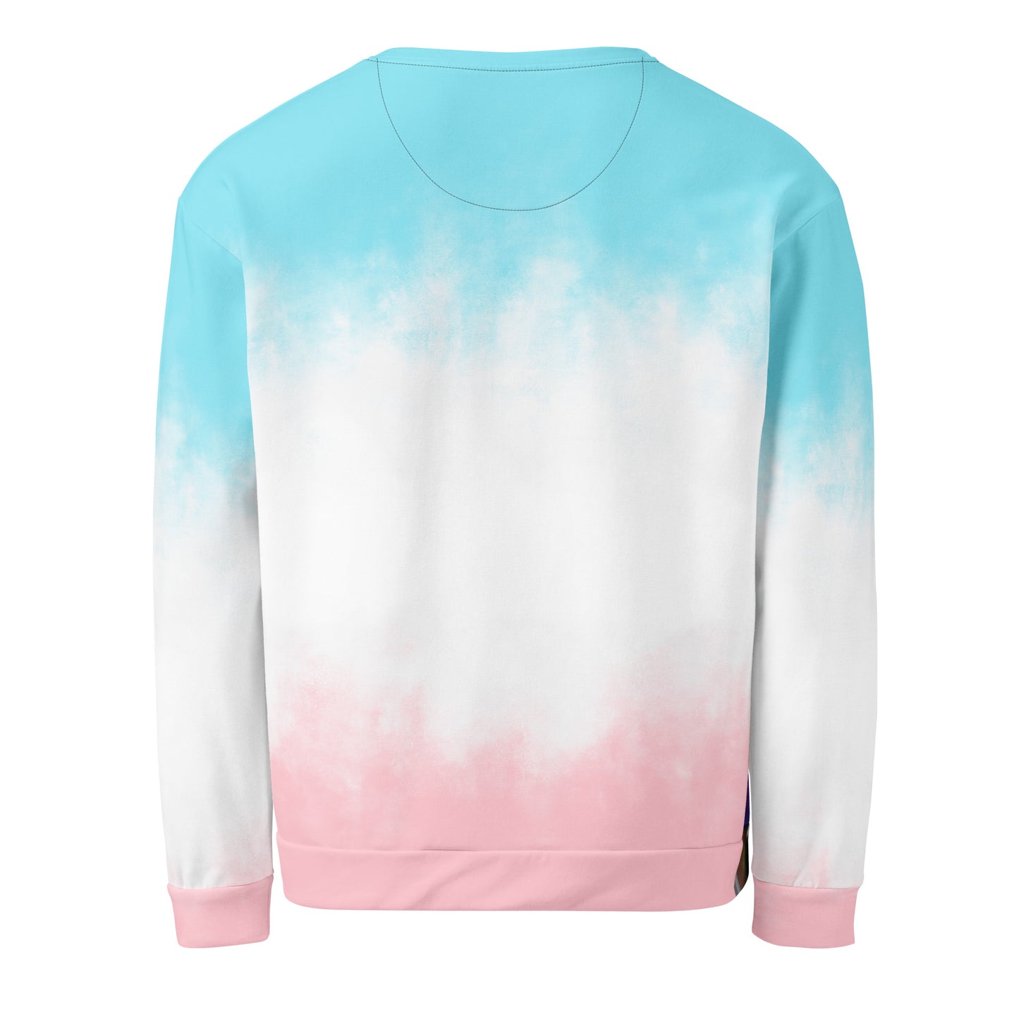 Unisex sweatshirt back in light blue tie-dye with pink hem and cuffs