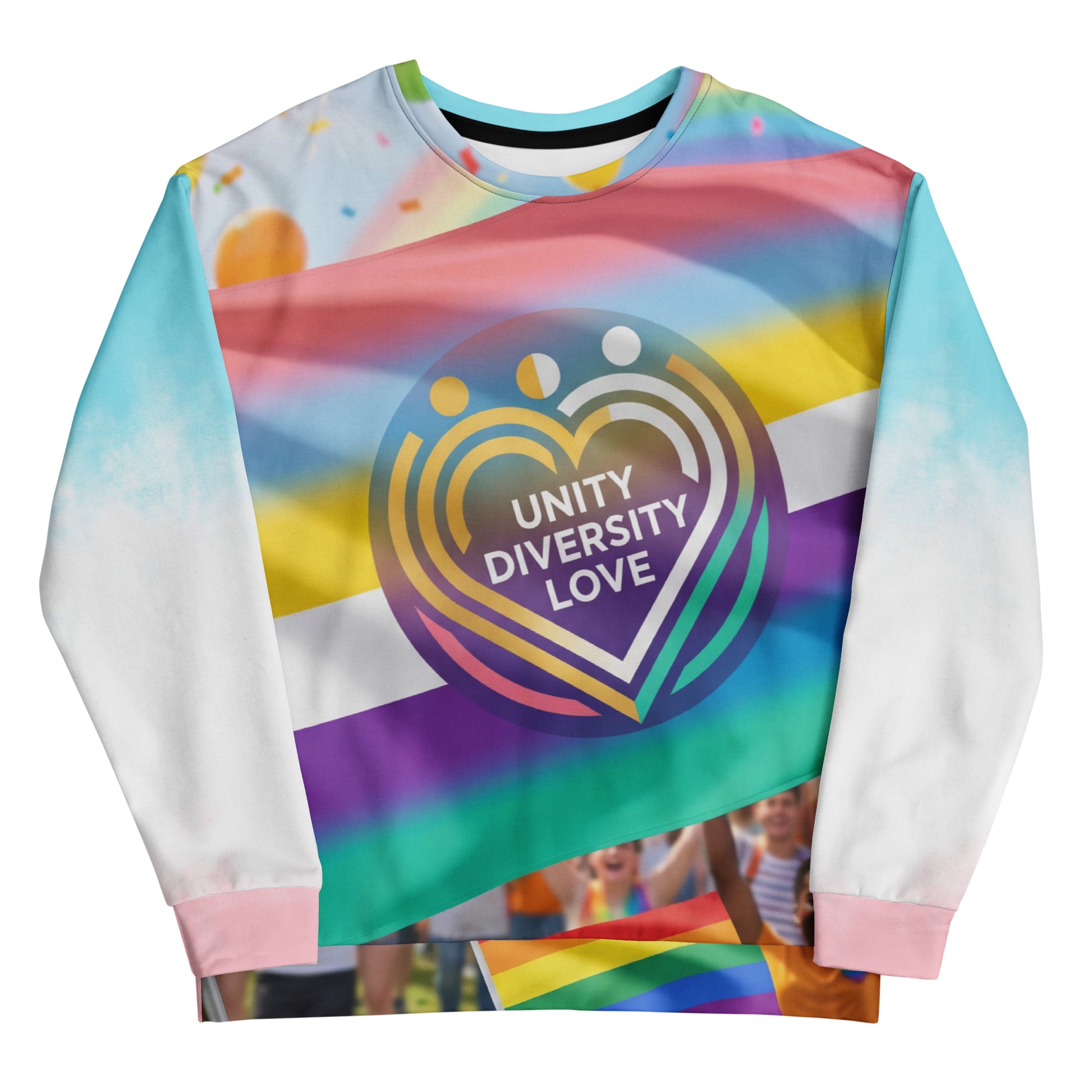 Unisex sweatshirt front with rainbow heart "Unity Diversity Love" logo, long sleeves