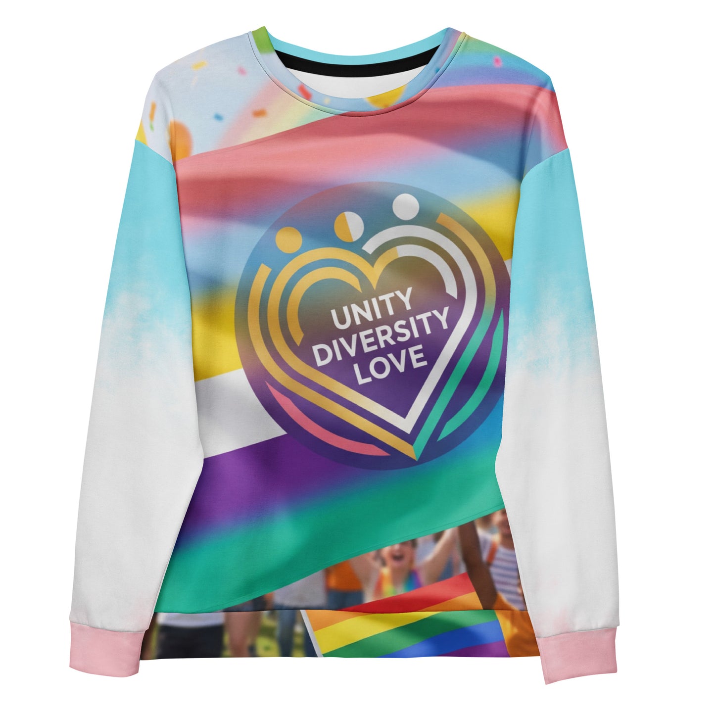 Unisex sweatshirt with rainbow heart "Unity Diversity Love" graphic on long sleeves
