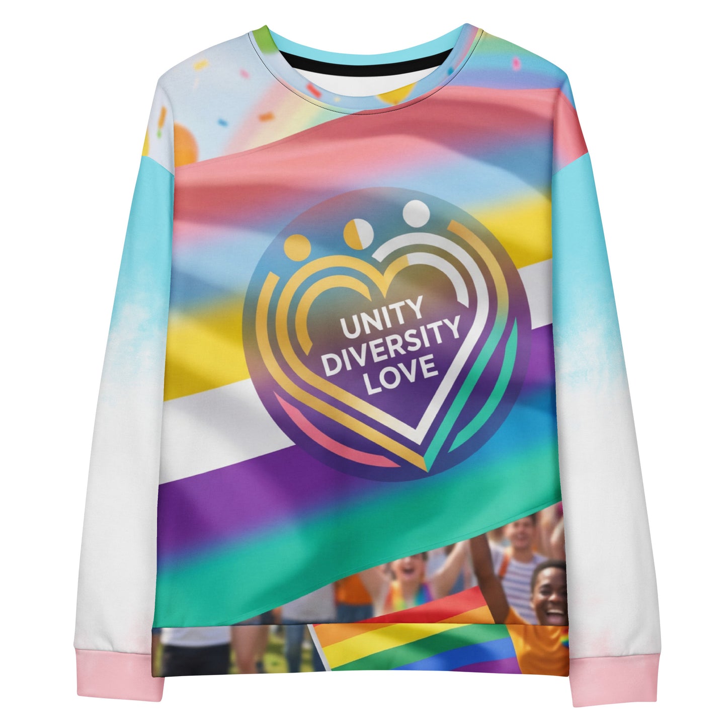 Unisex sweatshirt front with rainbow heart "Unity Diversity Love" graphic, crew neck
