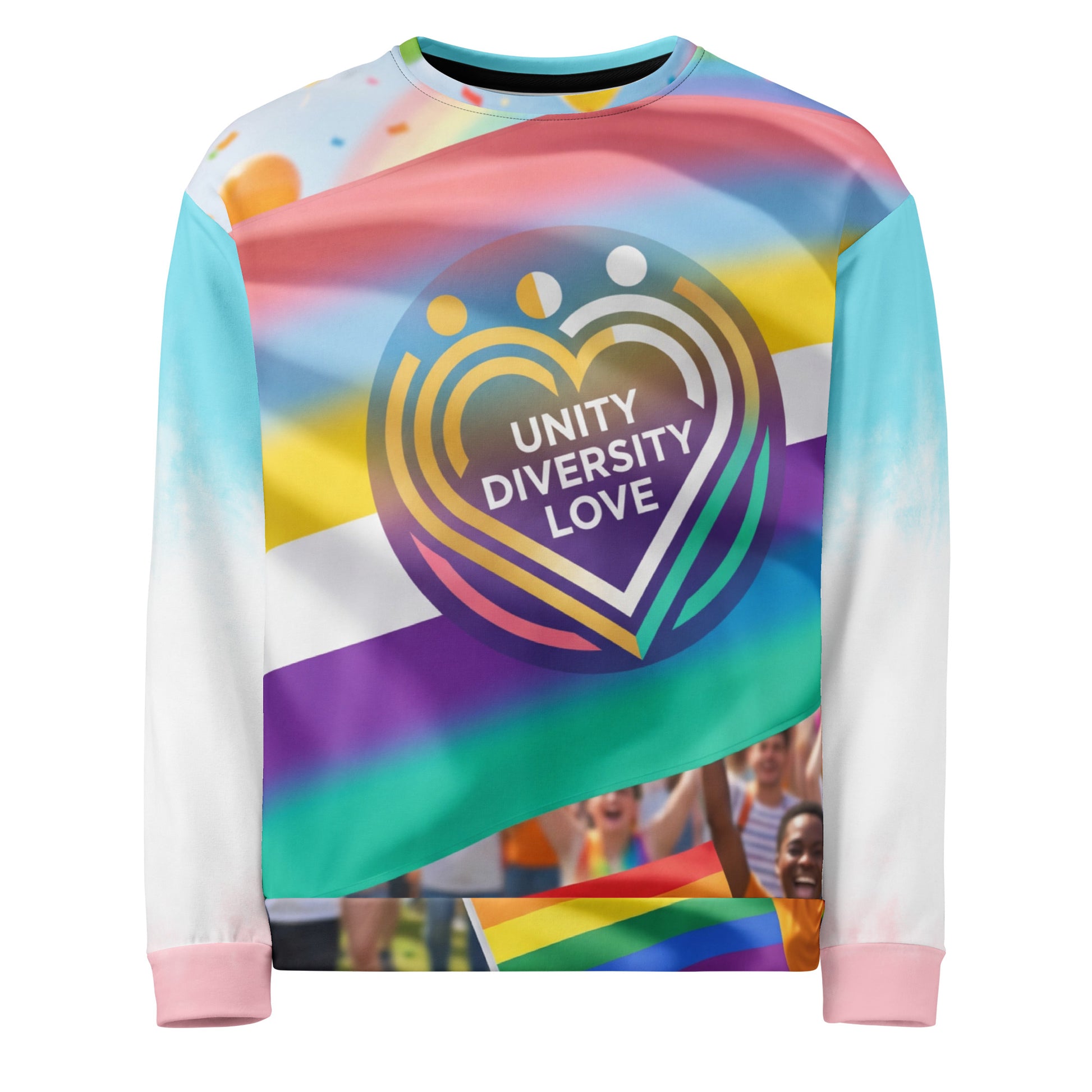 Unisex sweatshirt front with large rainbow heart "Unity Diversity Love" logo