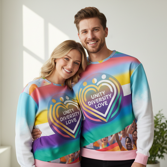 Unisex sweatshirt with colorful rainbow gradient and Unity Diversity Love heart graphic.