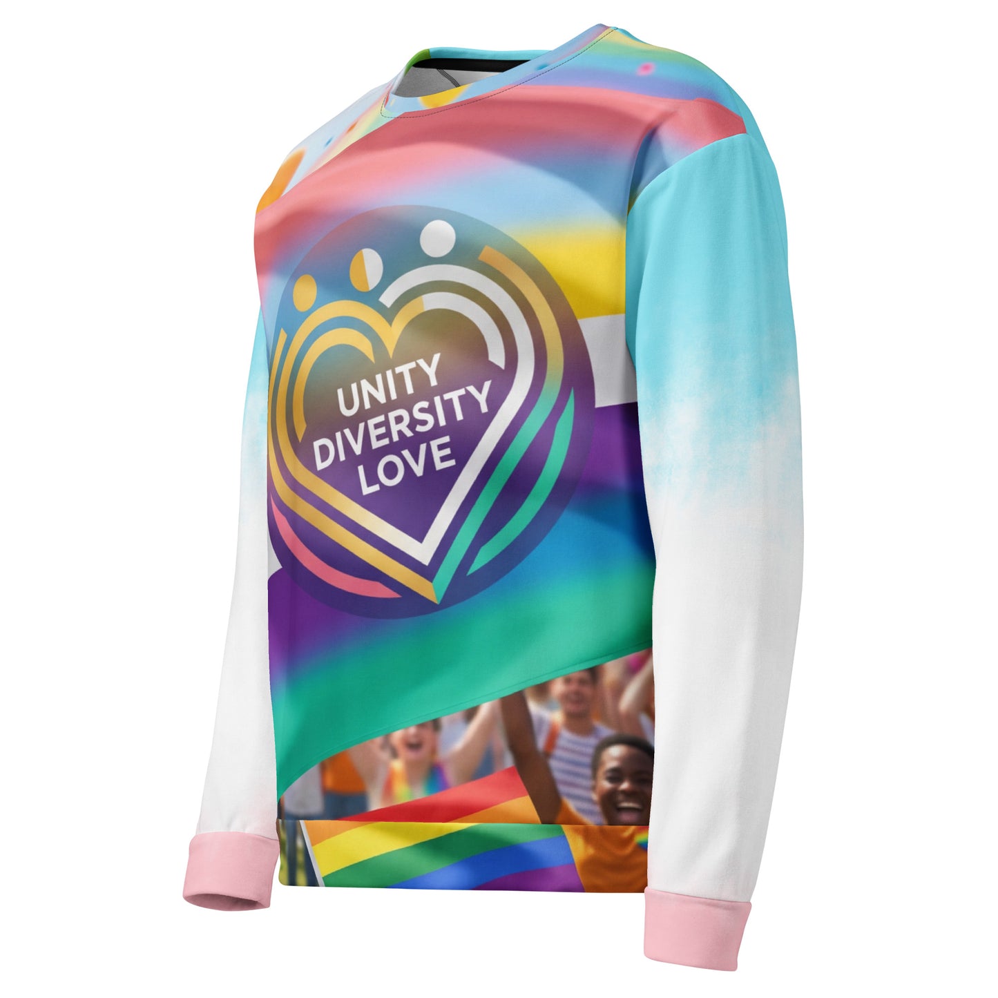 Unisex sweatshirt side view with rainbow heart "Unity Diversity Love" graphic