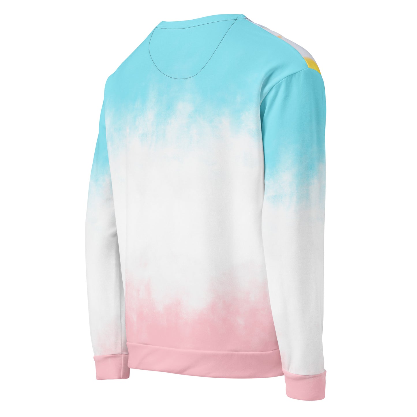 Unisex sweatshirt back view with light blue-to-white tie-dye and pink cuffs