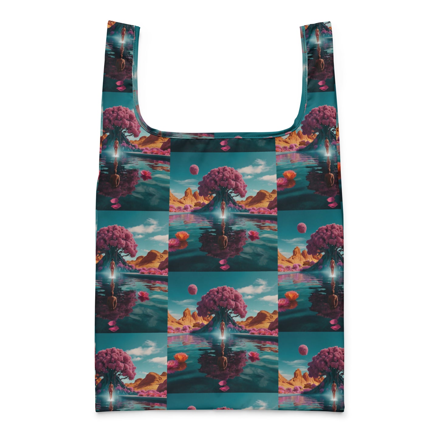 Colorful tote-style shopping bag with teal trim and fantasy landscape print.
