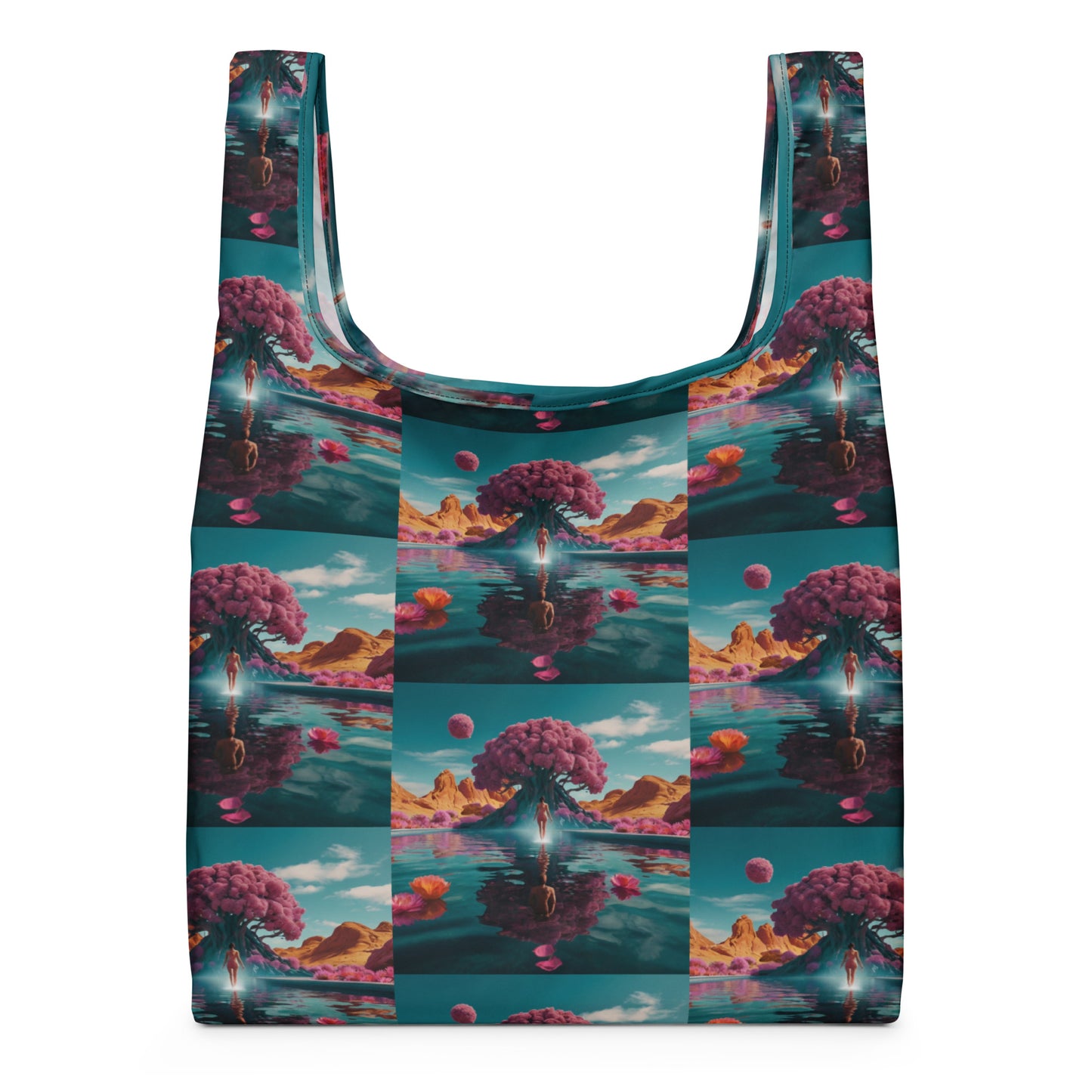 Colorful shopping bag front view with teal binding and fantasy landscape artwork.
