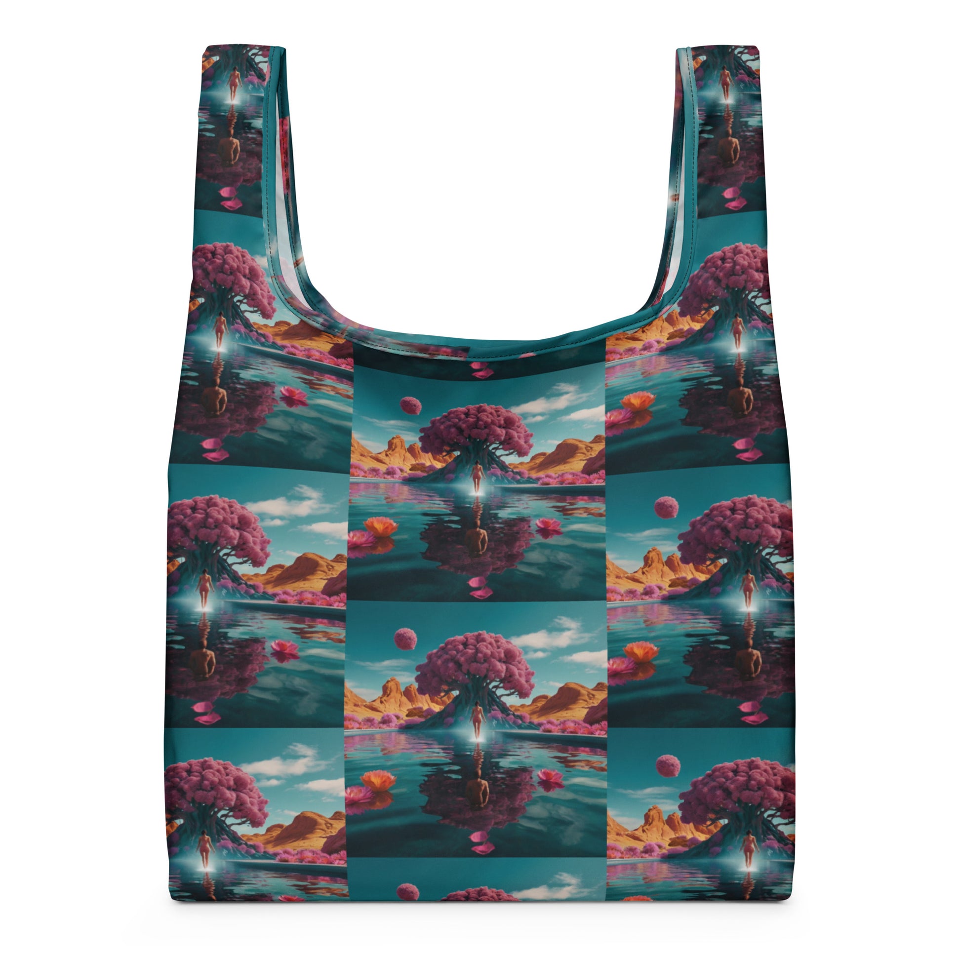 Colorful shopping bag front view with teal binding and fantasy landscape artwork.