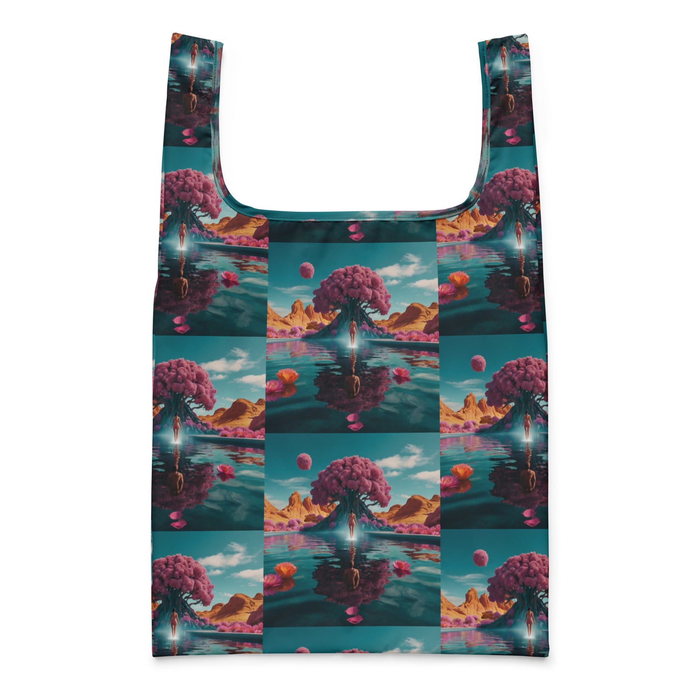 Colorful shopping bag front view with teal binding and repeating fantasy landscape motif.