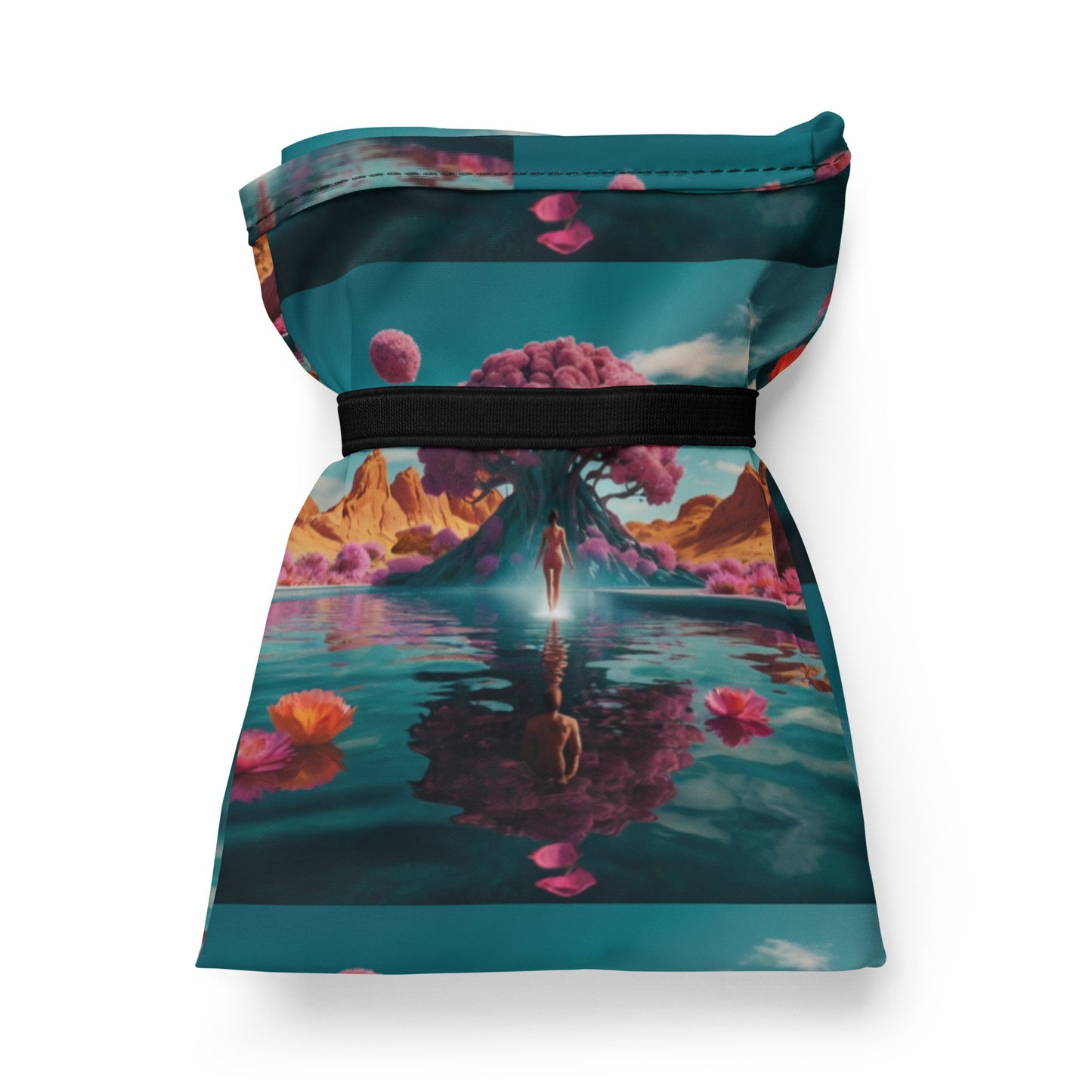 Shopping bag with teal top panel and black waist-length strap, fantasy landscape print.