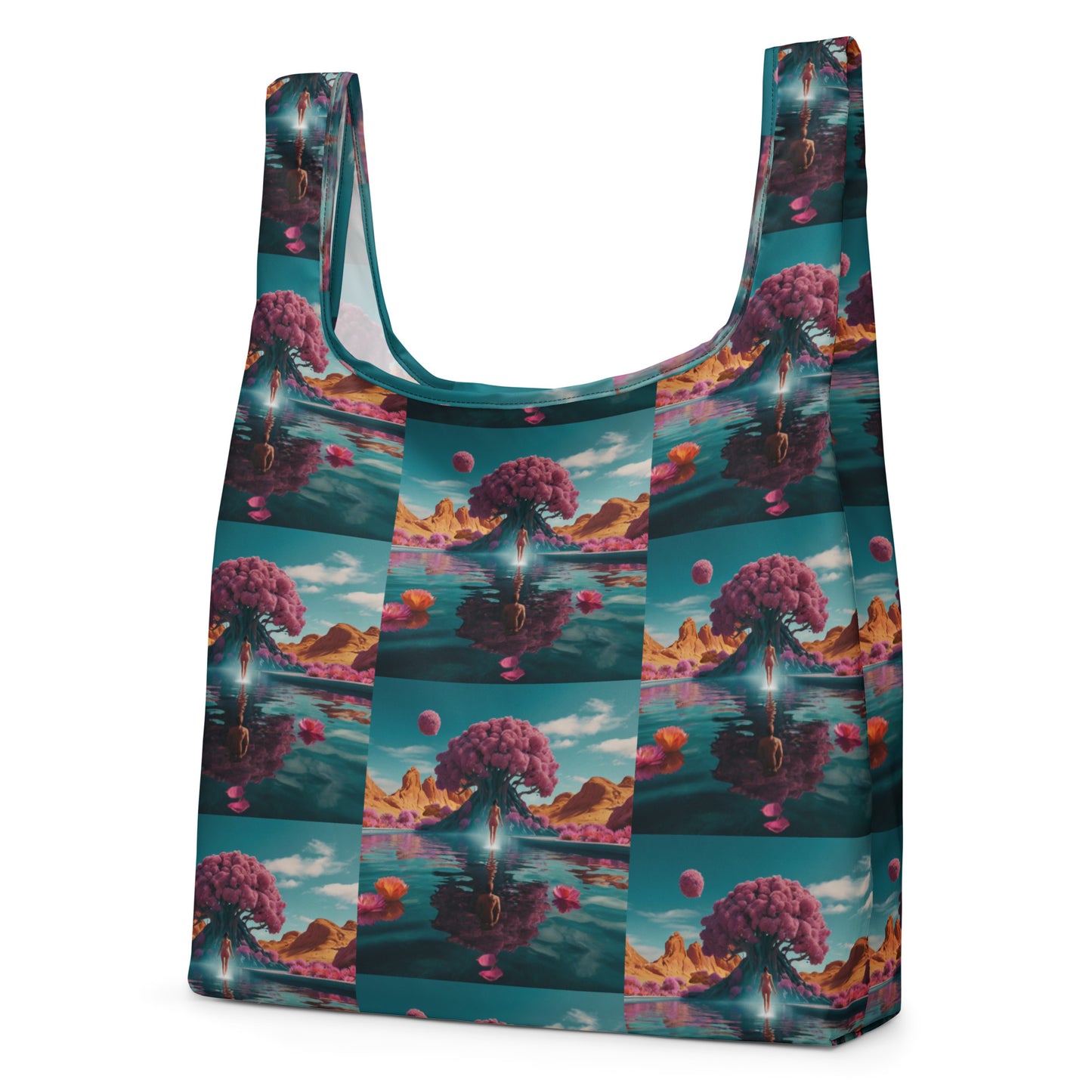 Colorful shopping bag with U-shaped opening and vertical teal-edged handles, fantasy print.