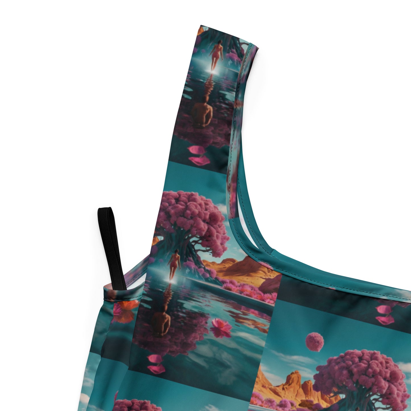 Shopping bag angled view showing teal trim, fantasy landscape print, and top strap.