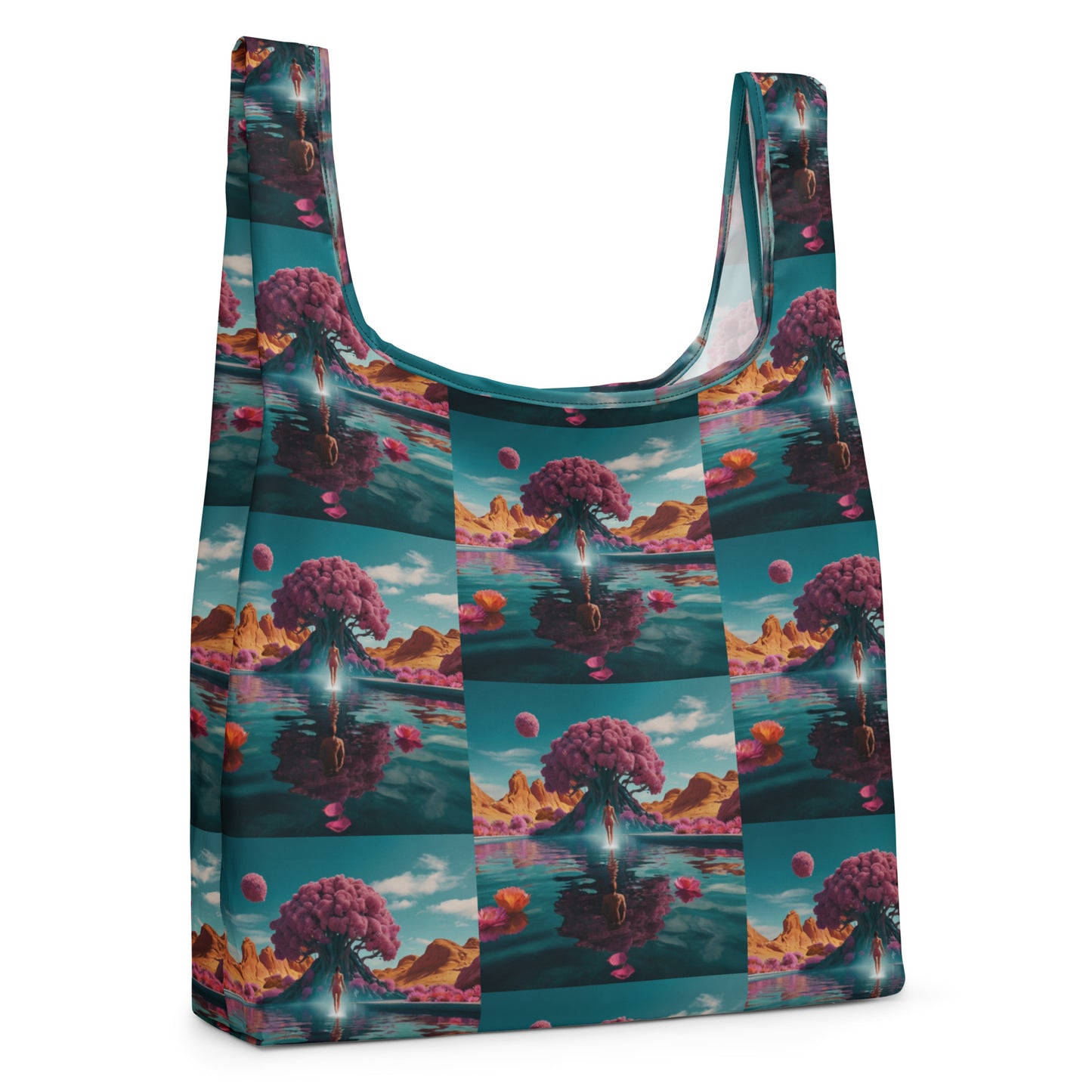 Colorful shopping bag with teal-edged U-shaped opening and fantasy landscape pattern.