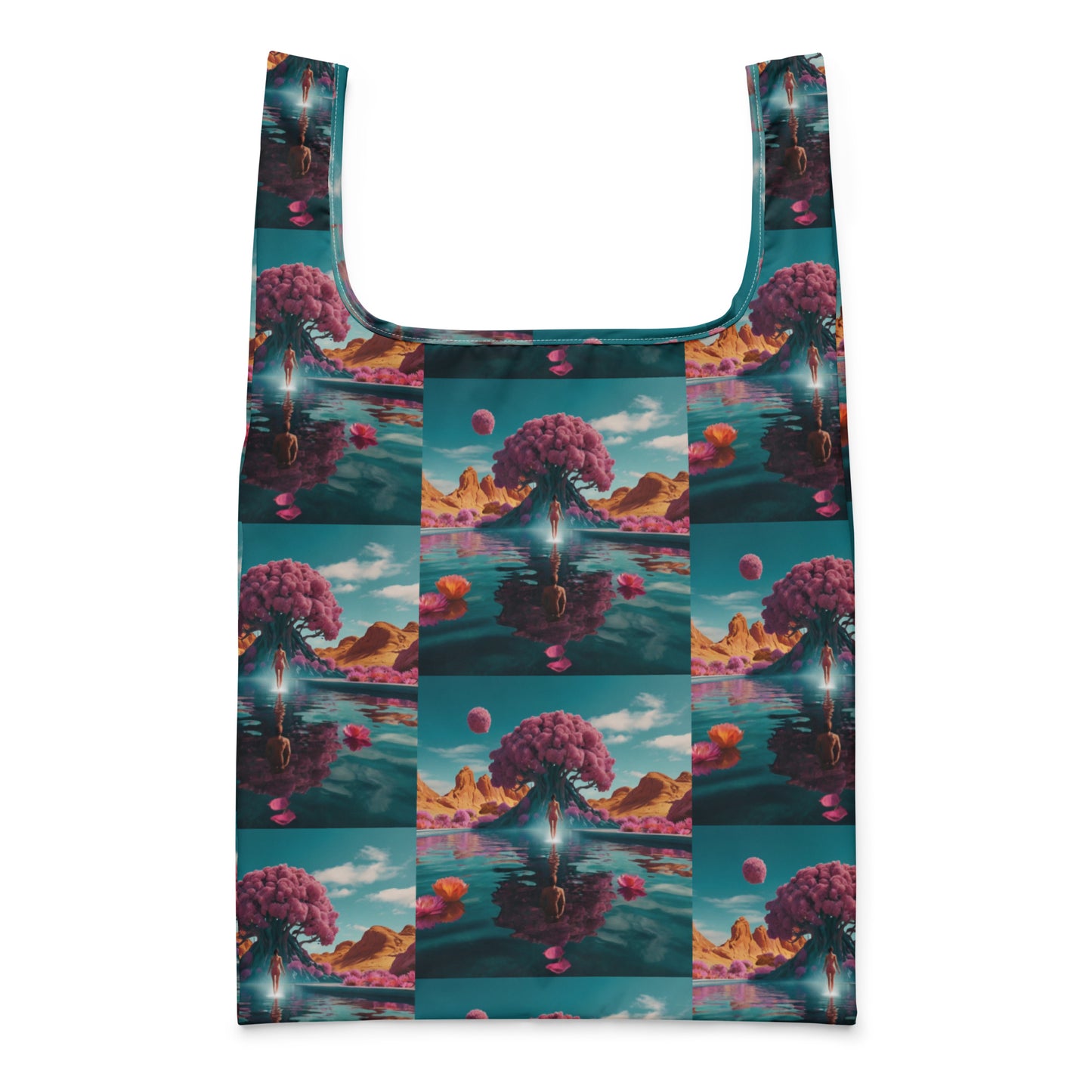 Printed shopping bag with wide U handles and teal trim; colorful fantasy landscape pattern all over.