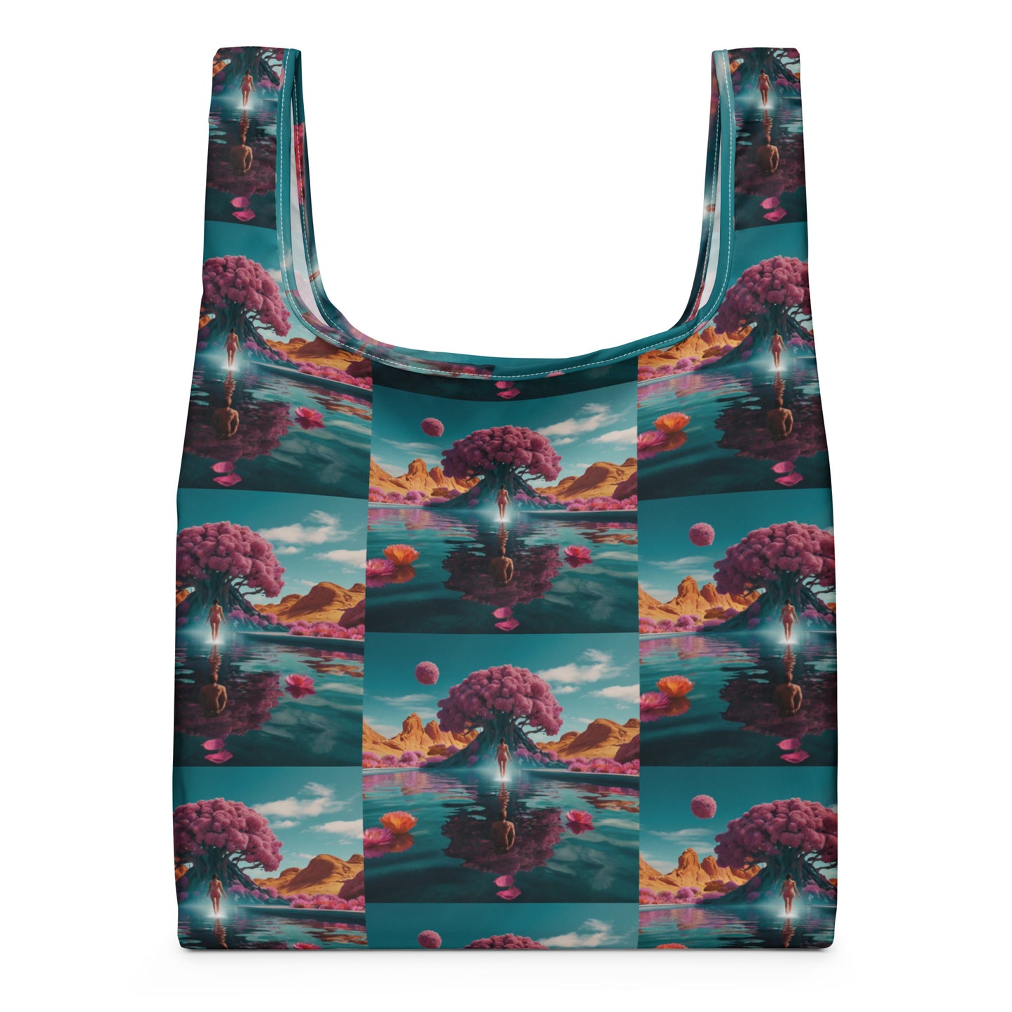 Printed tote bag with teal edging and wide U handles; central fantasy landscape panel on front.