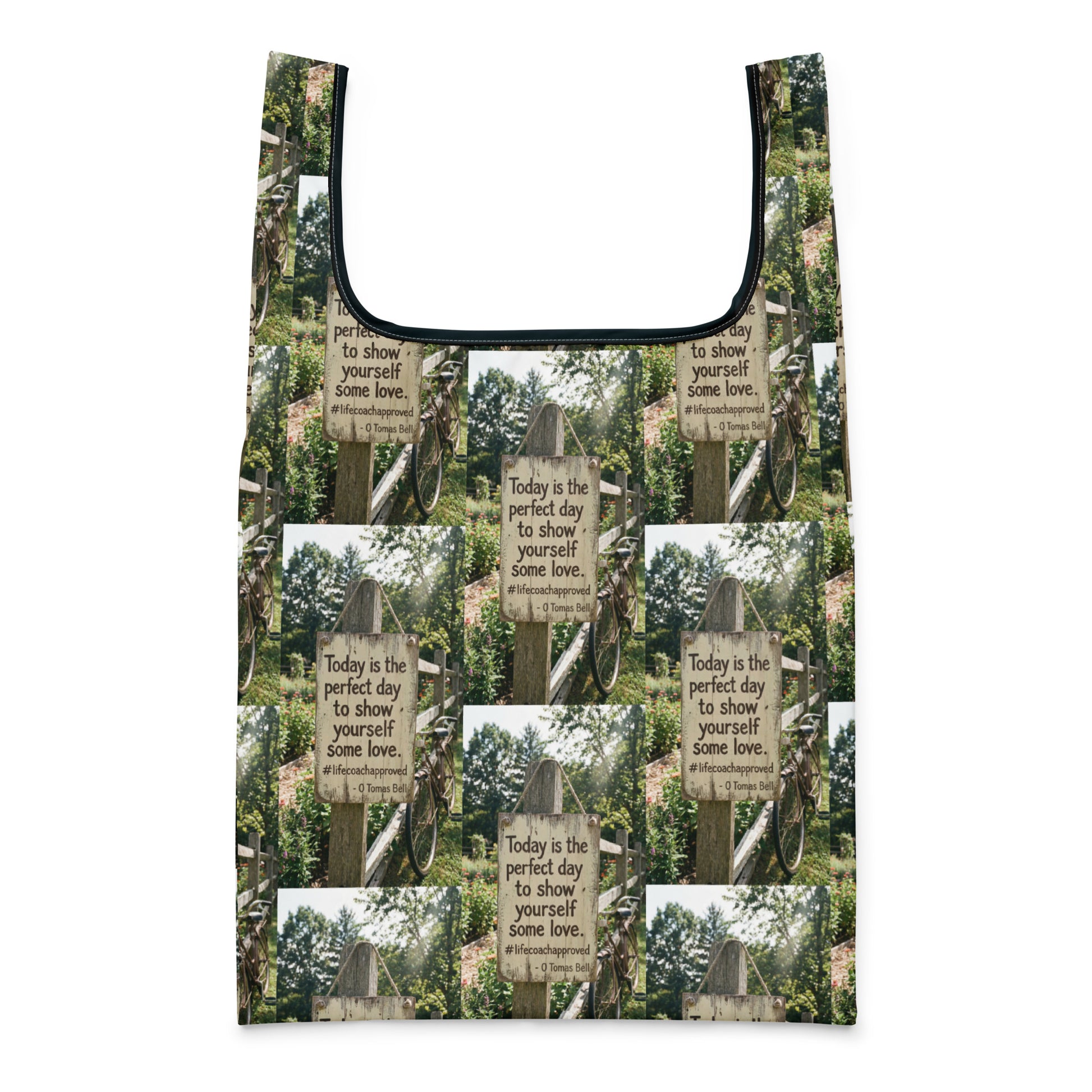 Self Love shopping bag with forest sign print and black piped edges, front view