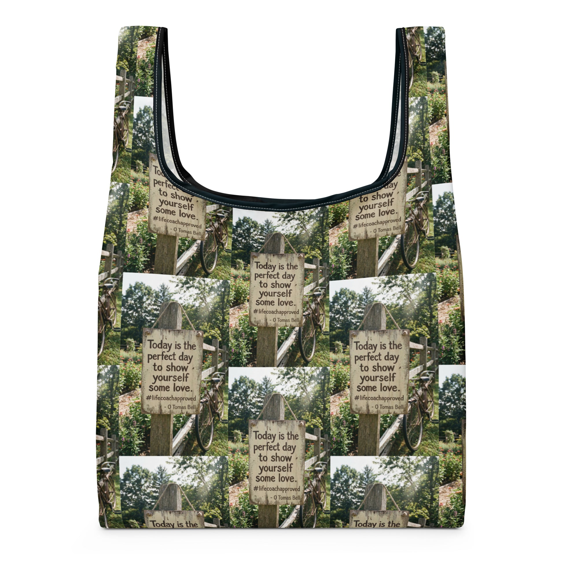 Self Love shopping bag with forest sign print, centered front view with black trim