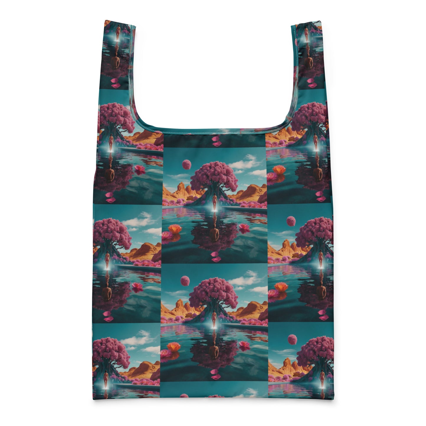 Printed shopping bag with teal trim and wide U handles; teal-and-purple fantasy scene pattern.
