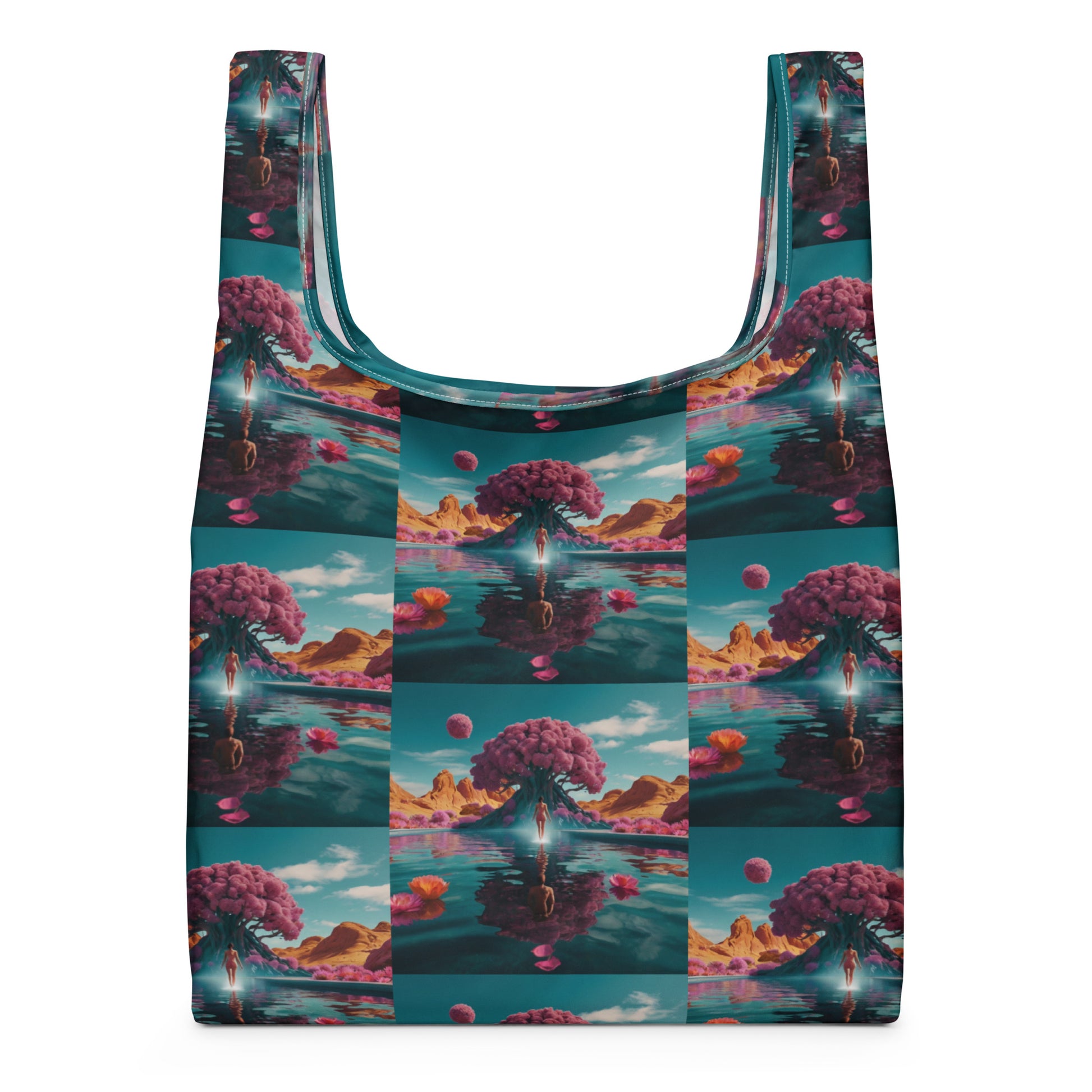 Printed tote bag with teal-trimmed handles; front view with teal and magenta fantasy landscape pattern.