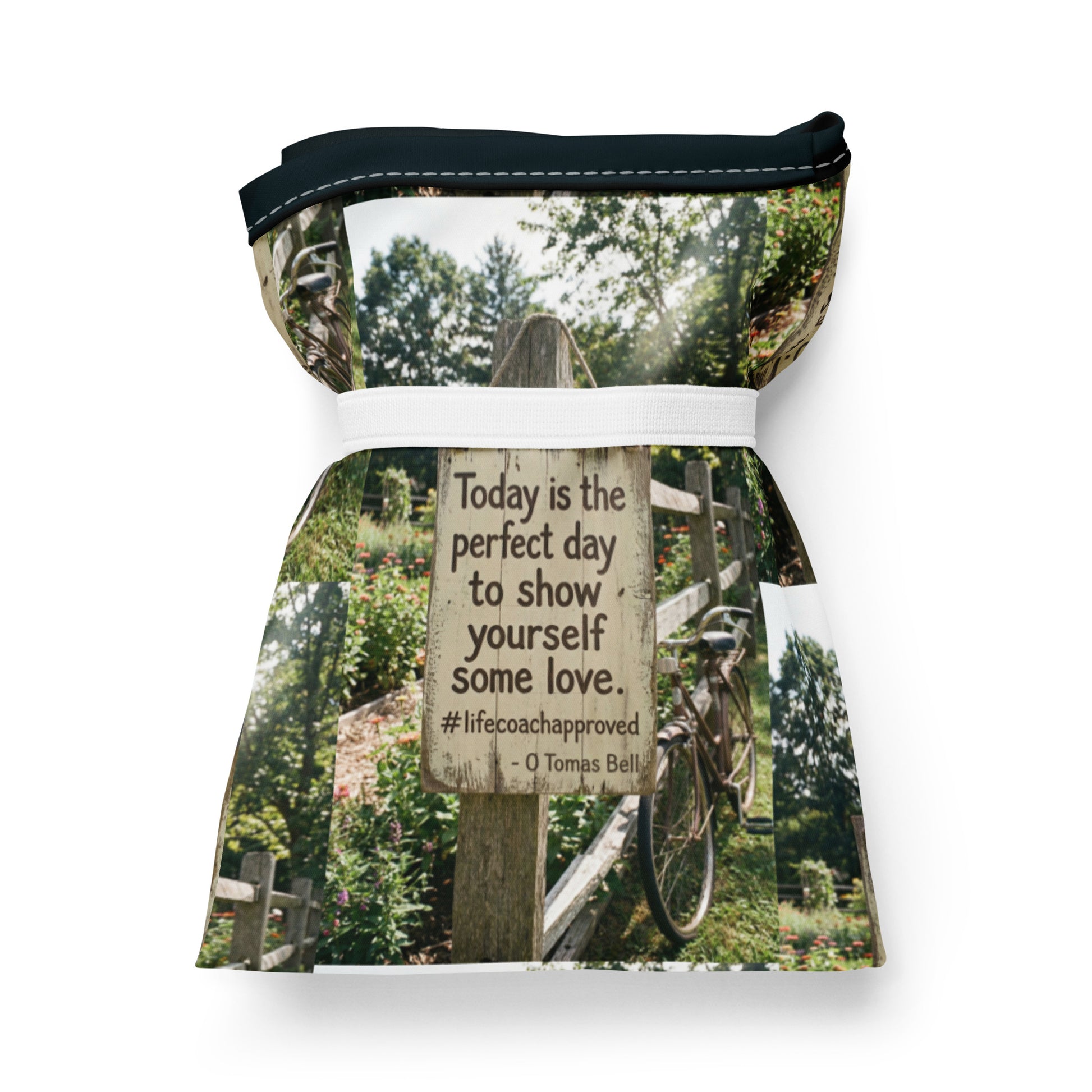 Self Love shopping bag with forest sign print and white waistband-style band near top